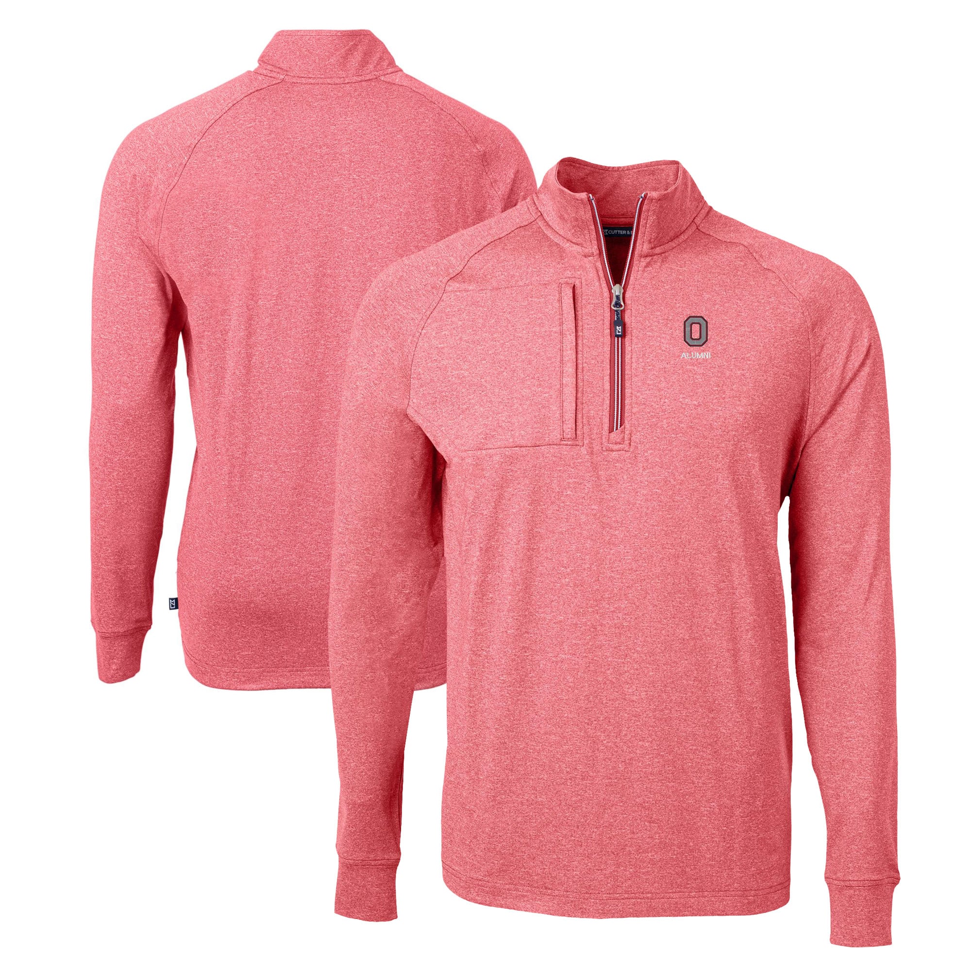 Men's Cutter & Buck Heather Scarlet Ohio State Buckeyes Alumni Logo Adapt Eco Knit Heathered Recycled Quarter-Zip Pullover Top