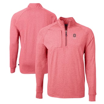 Men's Cutter & Buck Heather Scarlet Ohio State Buckeyes Alumni Logo Adapt Eco Knit Heathered Recycled Quarter-Zip Pullover Top