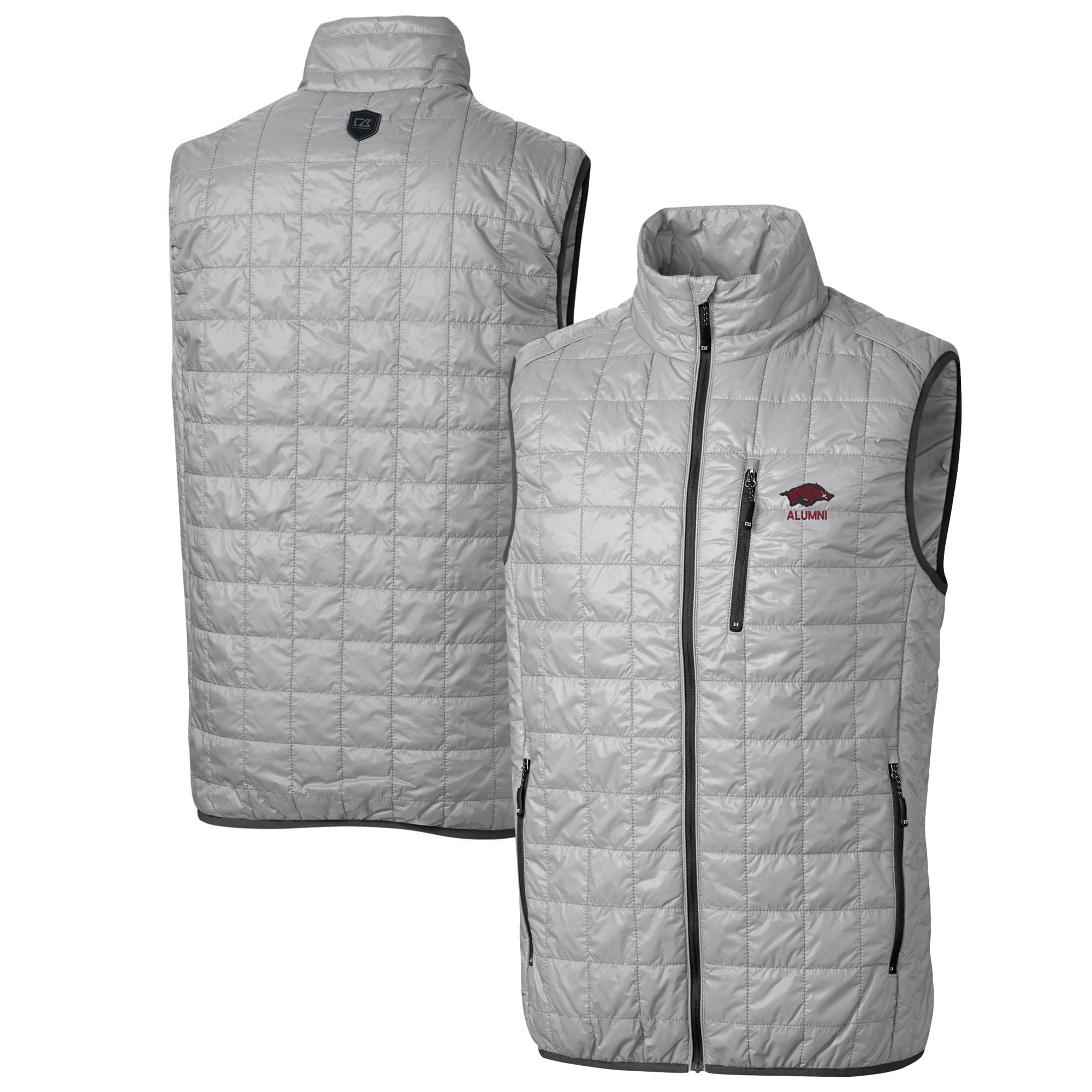 Men's Cutter & Buck  Gray Arkansas Razorbacks Alumni Logo Rainier PrimaLoft Eco Insulated Full-Zip Puffer Vest