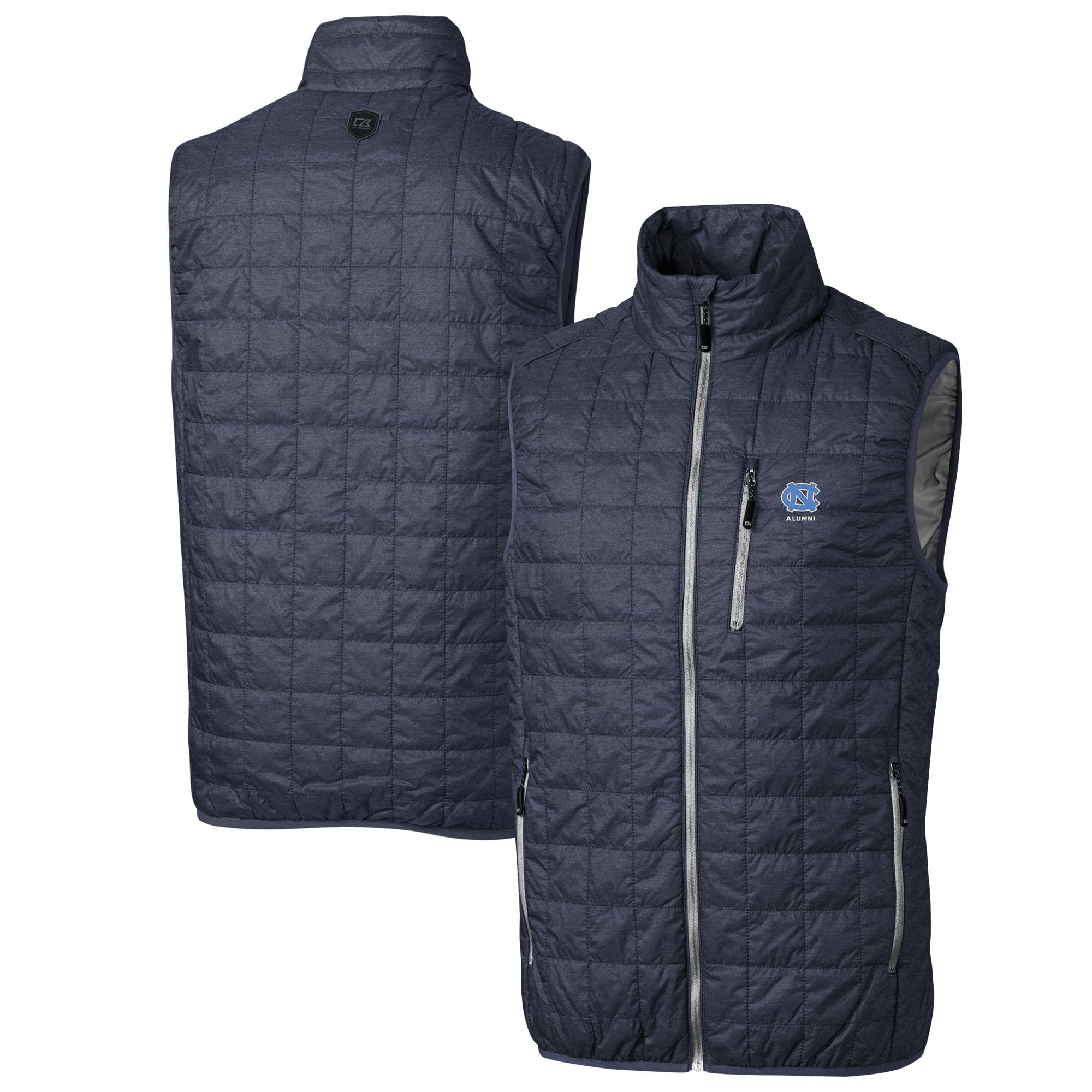 Men's Cutter & Buck  Anthracite North Carolina Tar Heels Alumni Logo Rainier PrimaLoft Eco Insulated Full-Zip Puffer Vest