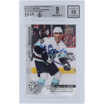 Matty Beniers Seattle Kraken Autographed 2021-22 Upper Deck Game Dated Moments NHL Debut #81 Beckett Fanatics Witnessed Authenticated 9/10 Rookie Card