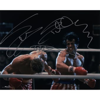 Sylvester Stallone & Dolph Lundgren Rocky IV Autographed 16" x 20" Punching Drago Photograph