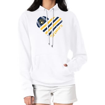 Women's G-III 4Her by Carl Banks  White Milwaukee Brewers Heart Fleece Pullover Hoodie