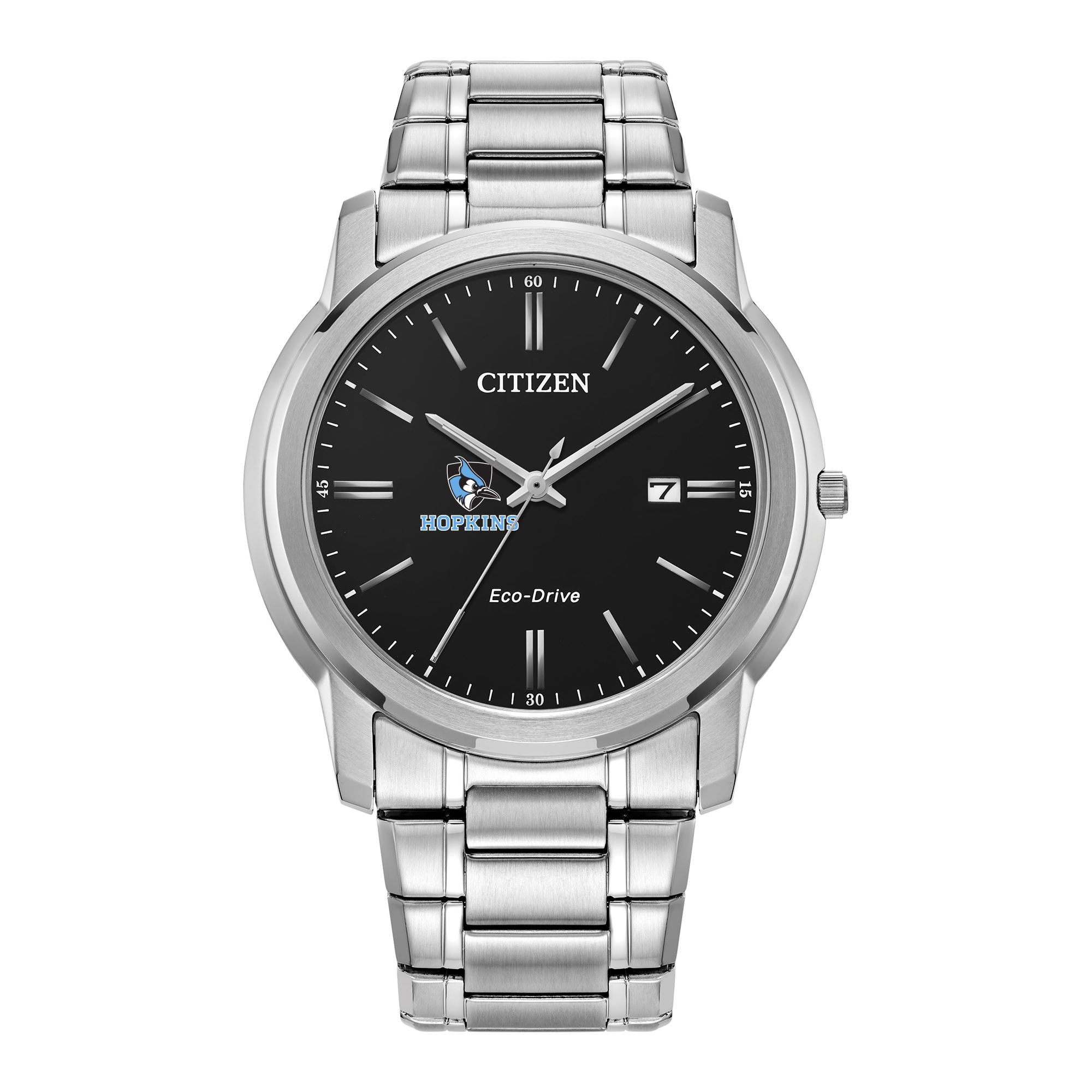 Men's Citizen Watch Silver Johns Hopkins Blue Jays Eco-Drive Black Dial Stainless Steel Watch