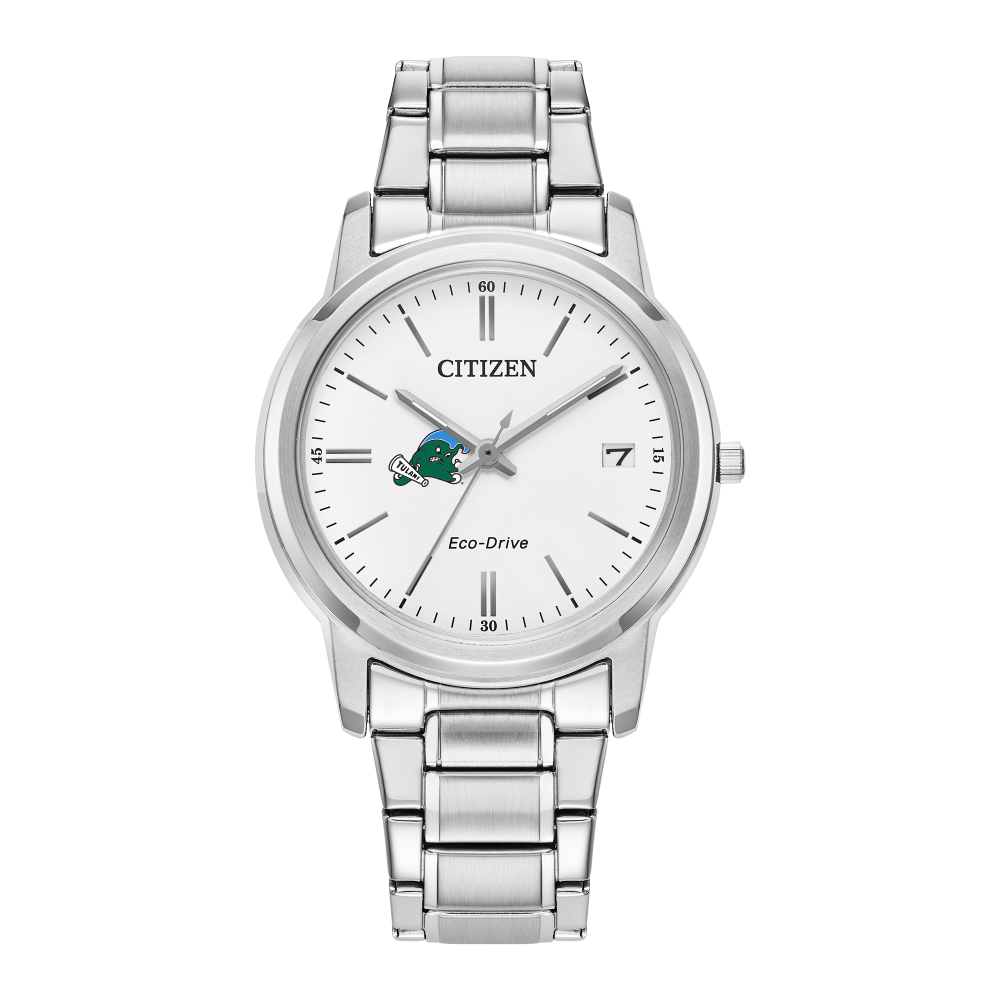 Women's Citizen Watch Silver Tulane Green Wave Eco-Drive White Dial Stainless Steel Watch