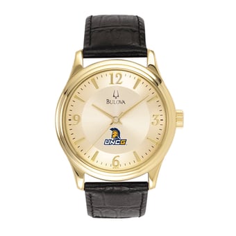 Men's Bulova  Gold/Black UNC Greensboro Spartans Stainless Steel Watch with Leather Band