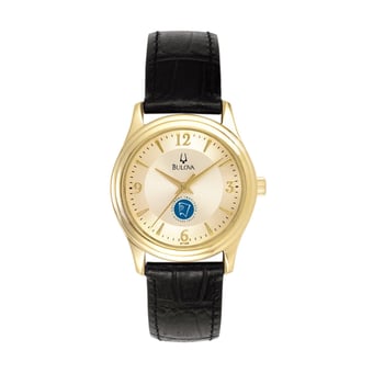 Women's Bulova  Gold/Black Niagara Falls Culinary Institute Stainless Steel Watch with Leather Band