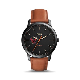 Men's Fossil  Black/Brown Roberts Wesleyan Redhawks Minimalist Slim Light Brown Leather Watch