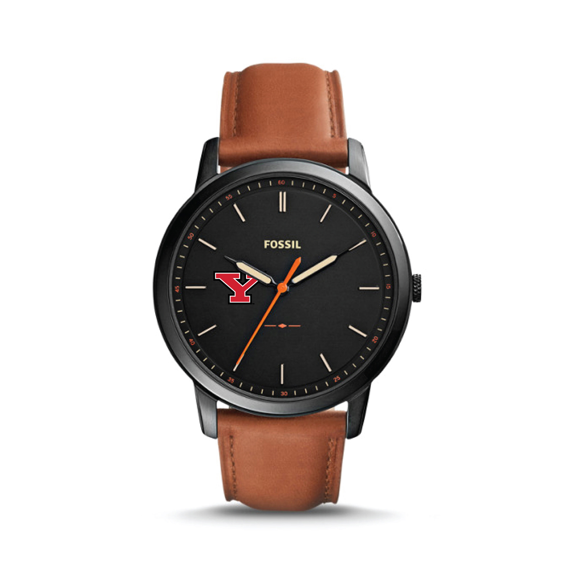 Men's Fossil  Black/Brown Youngstown State Penguins Minimalist Slim Light Brown Leather Watch