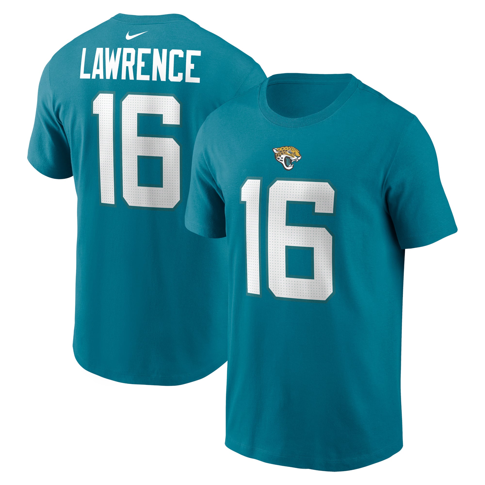 Camiseta Nike para hombre de Trevor Lawrence, color verde azulado, con nombre y número de los Jacksonville Jaguars.