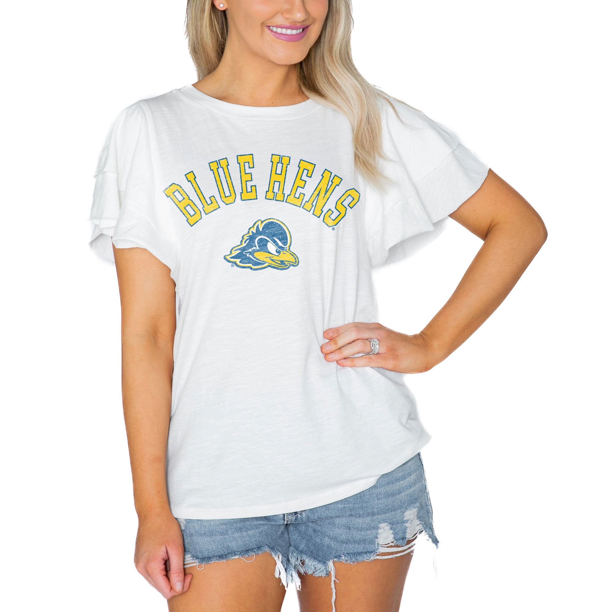 Women's Gameday Couture  White Delaware Fightin' Blue Hens Arch Logo Flutter Sleeve Lightweight T-Shirt