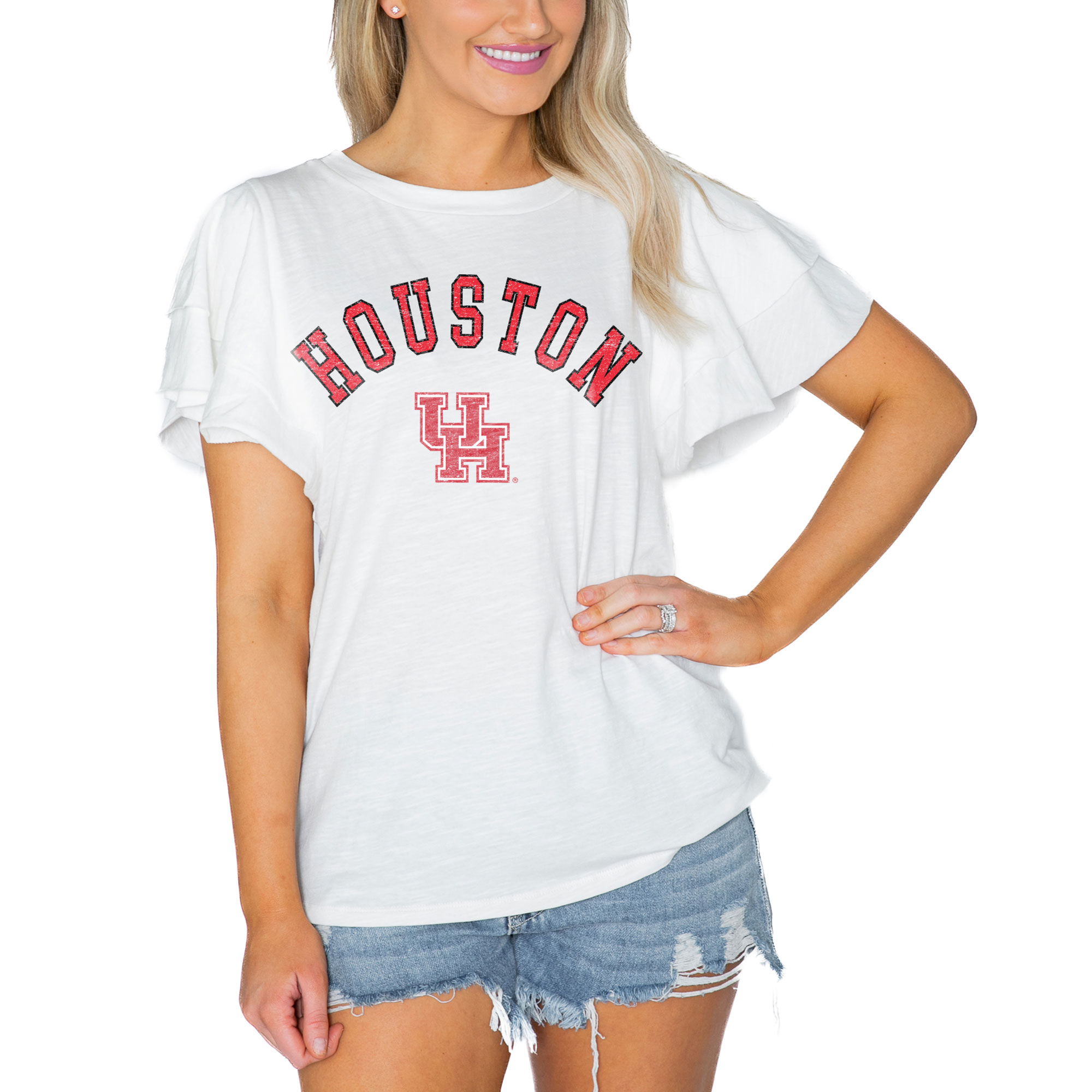 Women’s Gameday Couture White Houston Cougars Arch Logo Flutter Sleeve Lightweight T-Shirt Women’s Gameday Couture White Houston Cougars Arch Logo Flutter Sleeve Lightweight T-Shirt