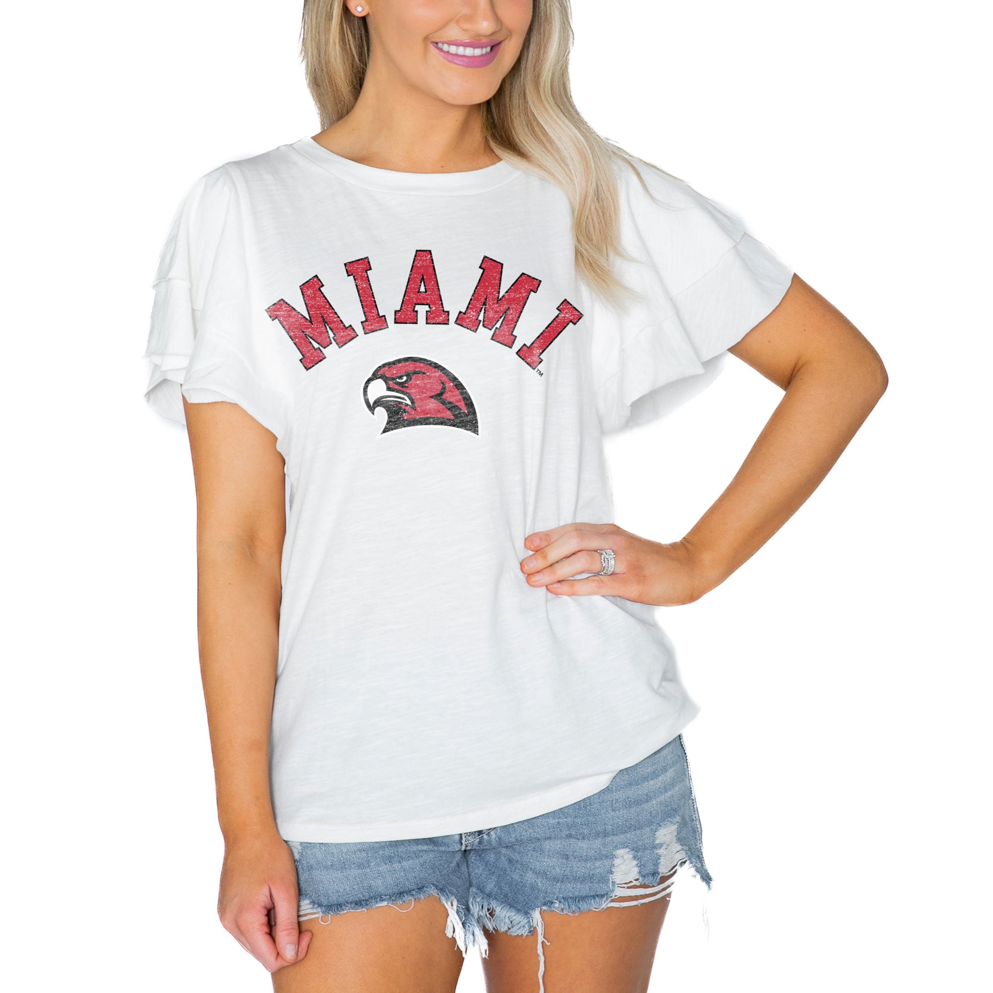 Women's Gameday Couture  White Miami University RedHawks Arch Logo Flutter Sleeve Lightweight T-Shirt