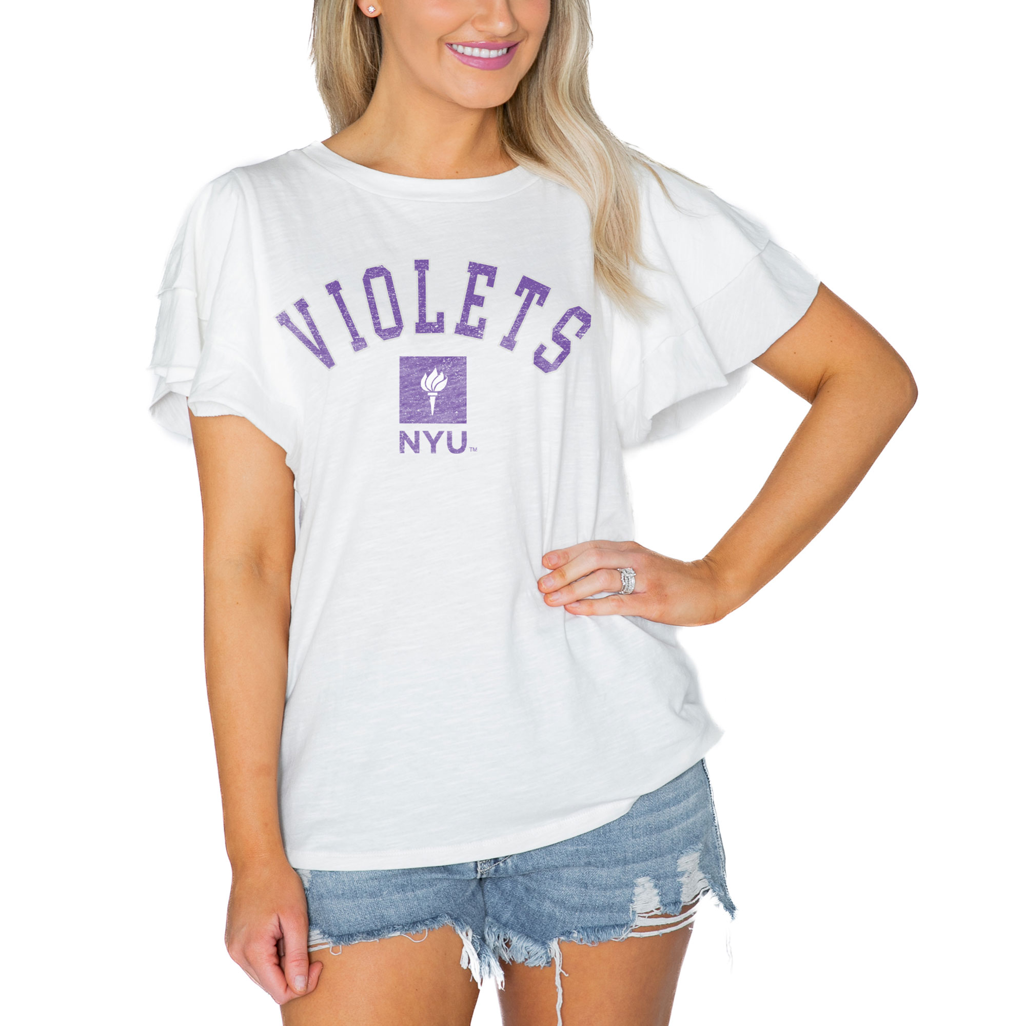 Women’s Gameday Couture White NYU Violets Arch Logo Flutter Sleeve Lightweight T-Shirt Women’s Gameday Couture White NYU Violets Arch Logo Flutter Sleeve Lightweight T-Shirt