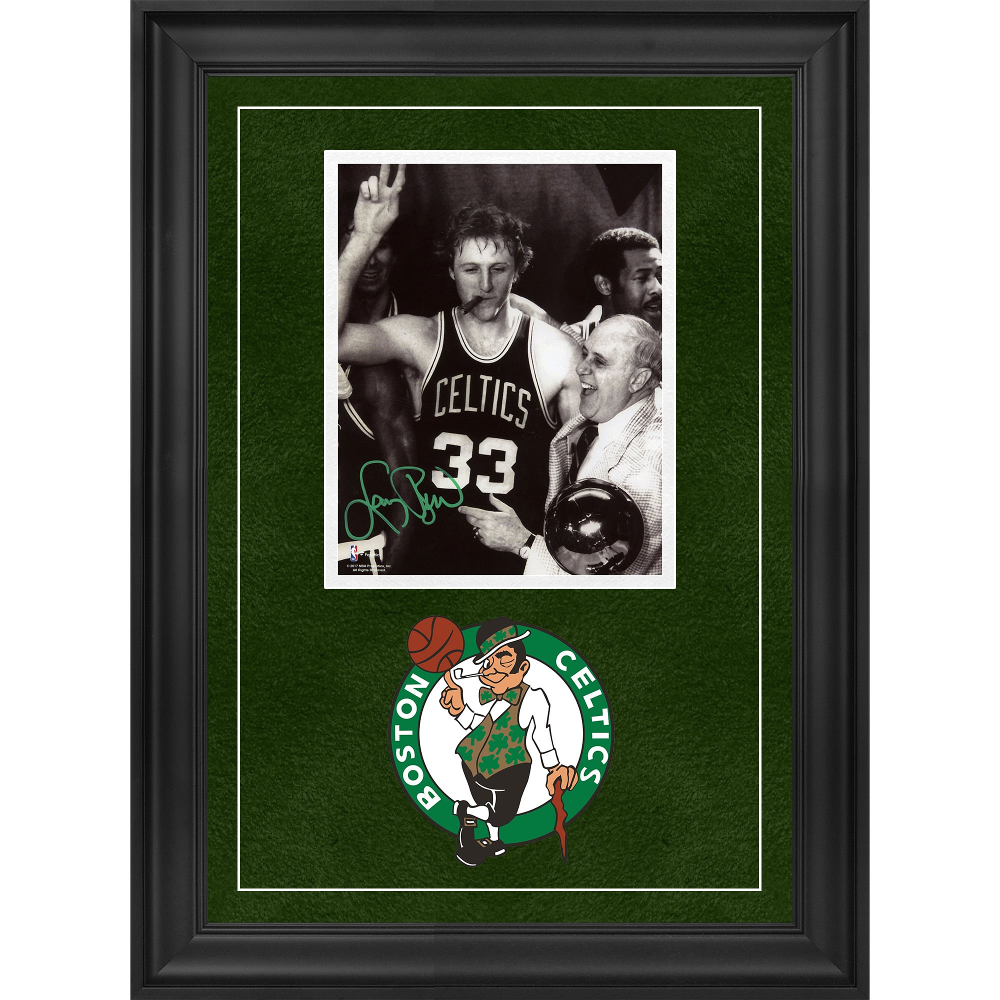 Larry Bird Boston Celtics Autographed Deluxe Framed 8'' x 10'' Celebration with Auerbach Photograph with Green Ink