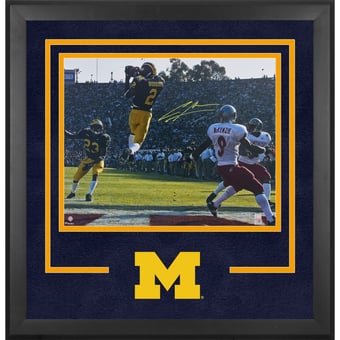 Charles Woodson Michigan Wolverines Autographed Deluxe Framed 16" x 20" Leaping Interception Photograph - Signature in Yellow Ink