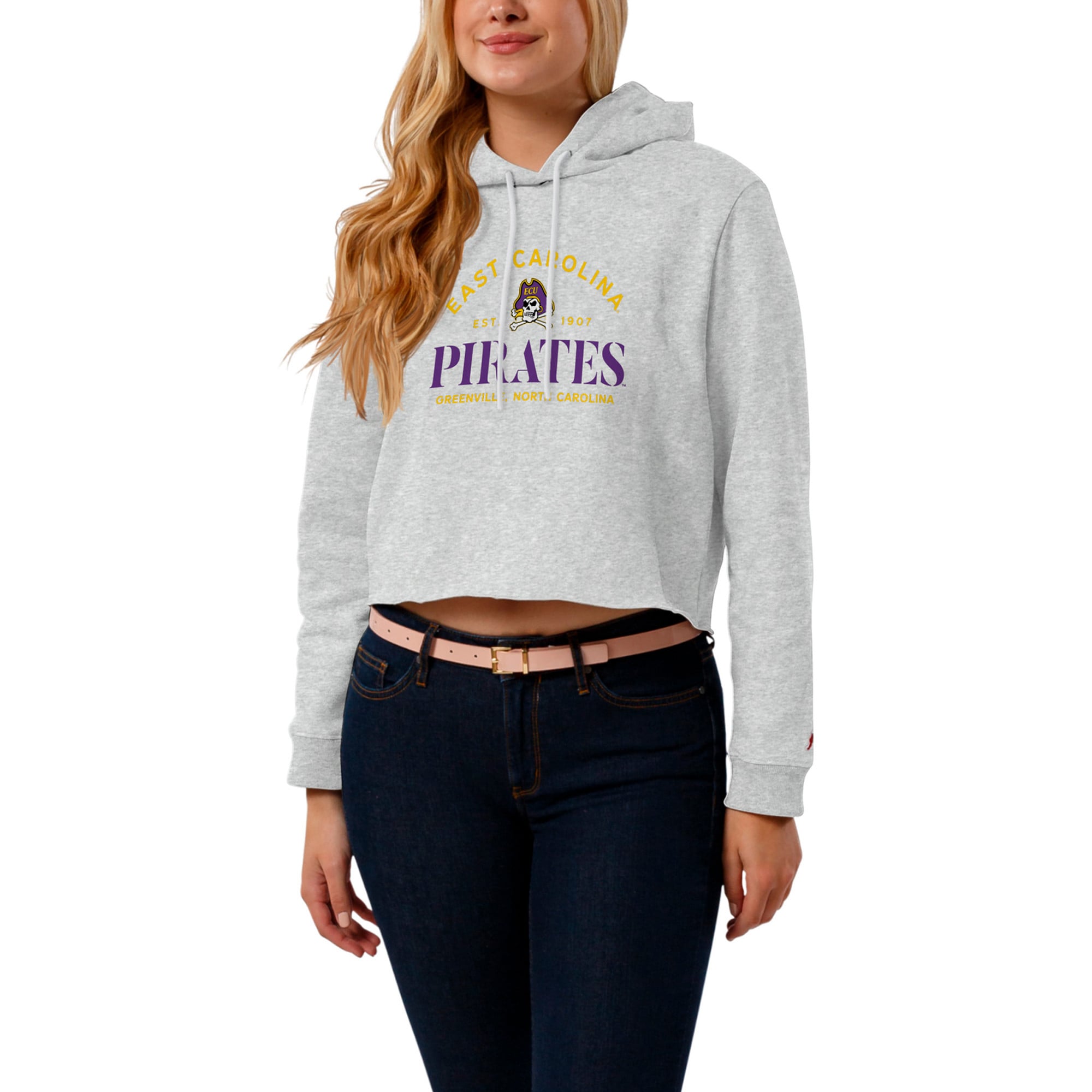 Women's League Collegiate Wear  Ash ECU Pirates 1636 Cropped Pullover Hoodie