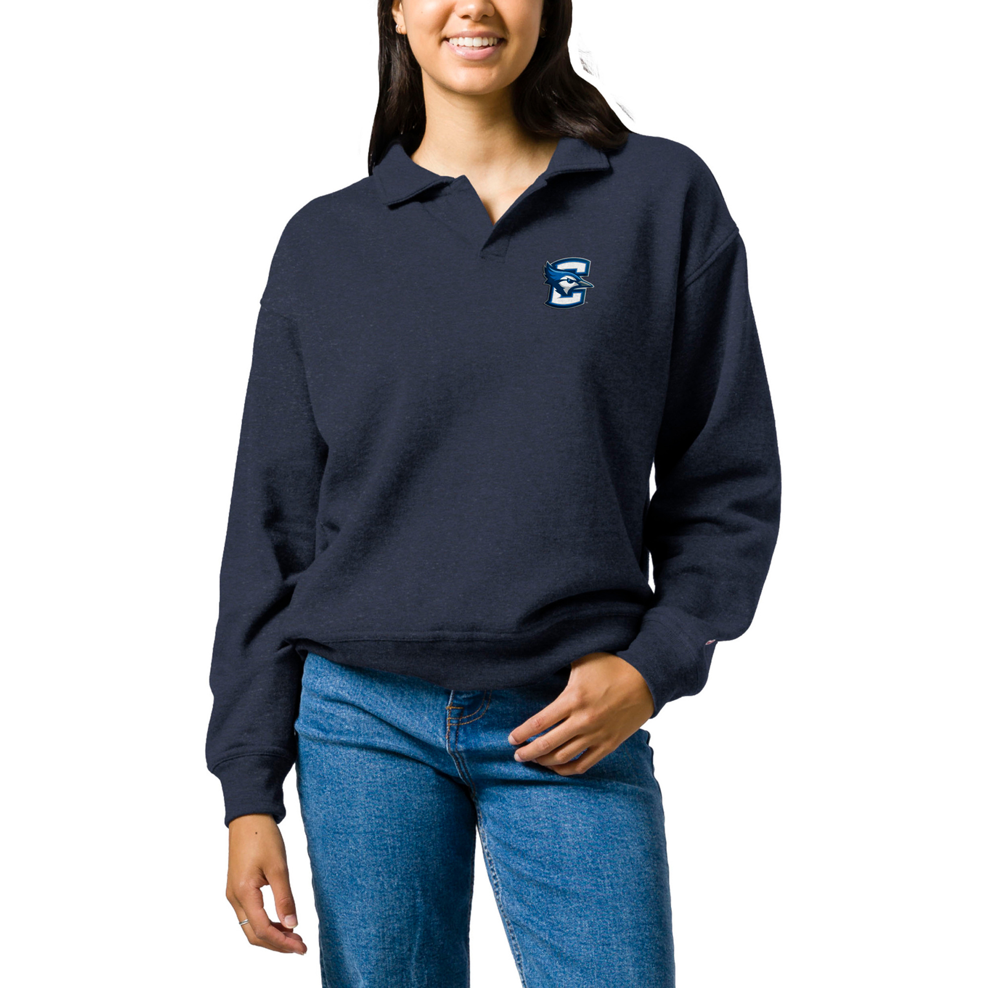 Women's League Collegiate Wear  Heather Navy Creighton Bluejays Victory Springs Tri-Blend Collared Pullover Sweatshirt