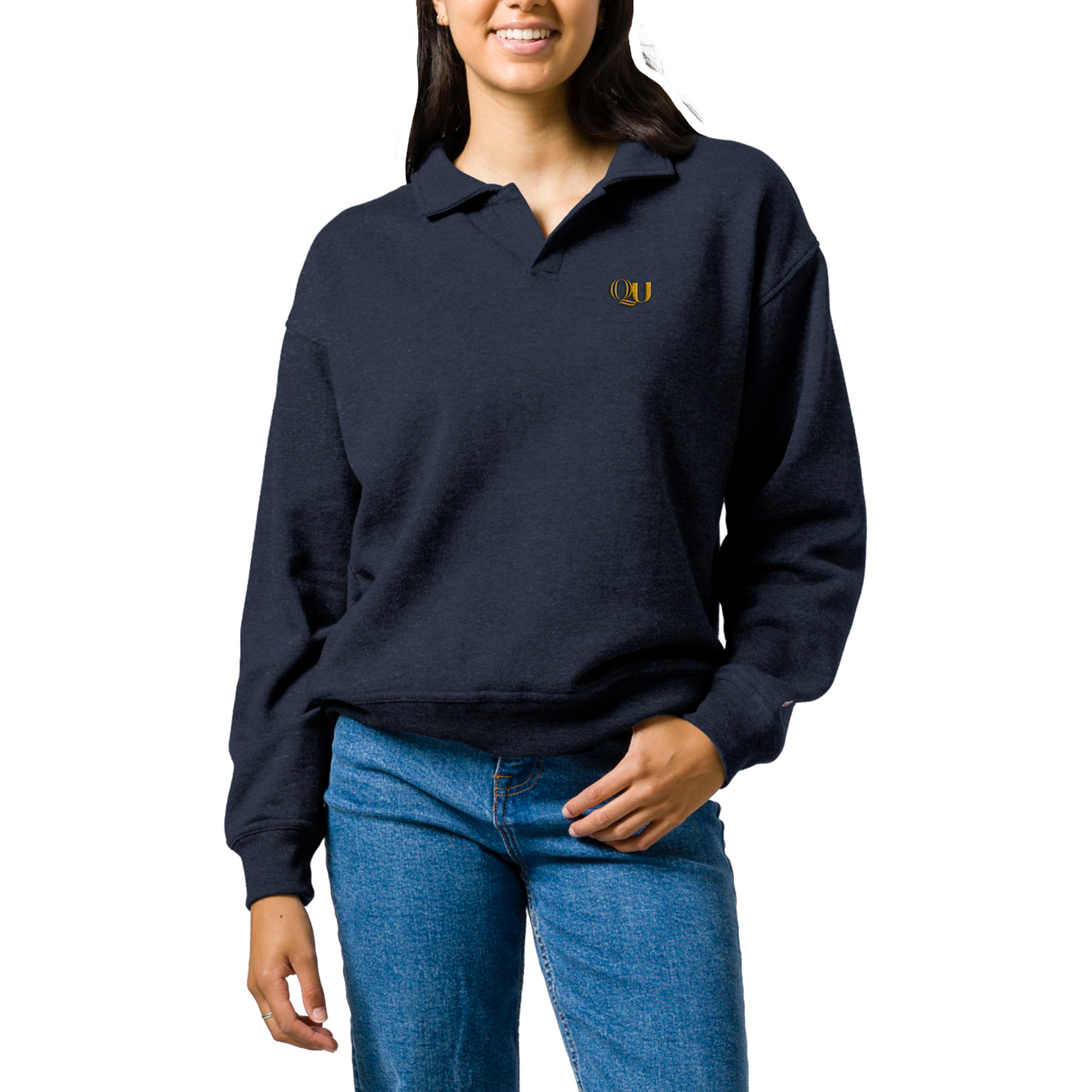 Women's League Collegiate Wear  Heather Navy Quinnipiac Bobcats Victory Springs Tri-Blend Collared Pullover Sweatshirt