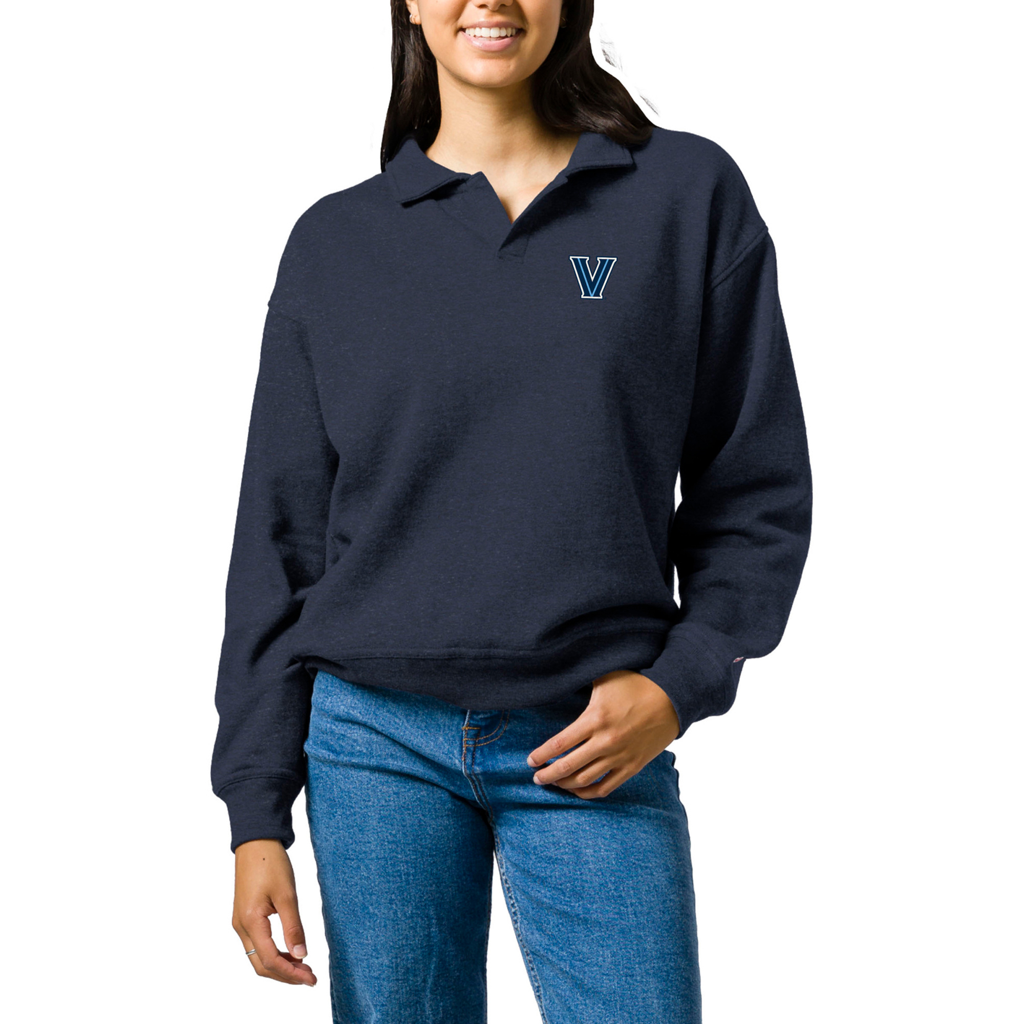 Women's League Collegiate Wear  Heather Navy Villanova Wildcats Victory Springs Tri-Blend Collared Pullover Sweatshirt
