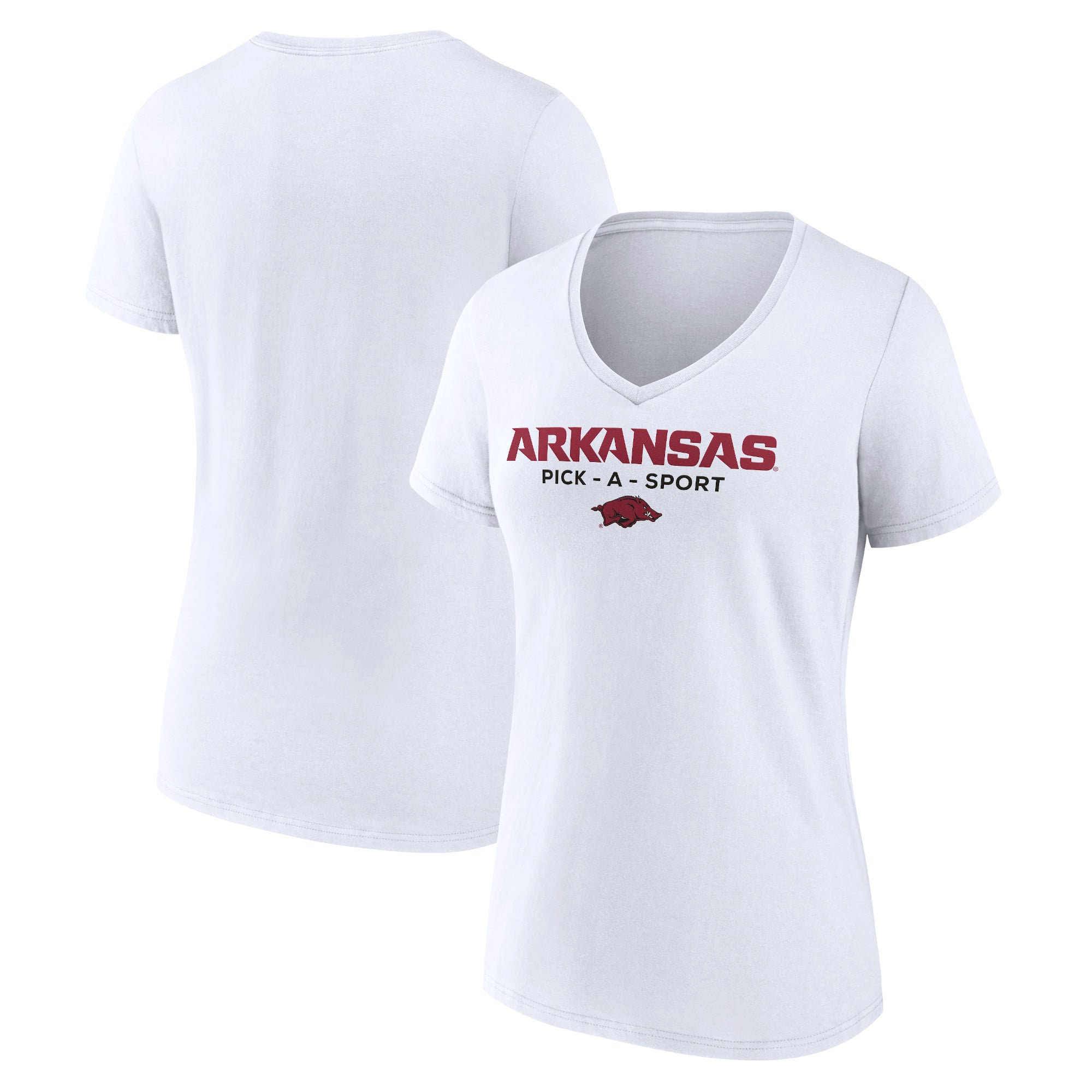 Women's White Arkansas Razorbacks Authentic Pick-A-Sport V-Neck T-Shirt