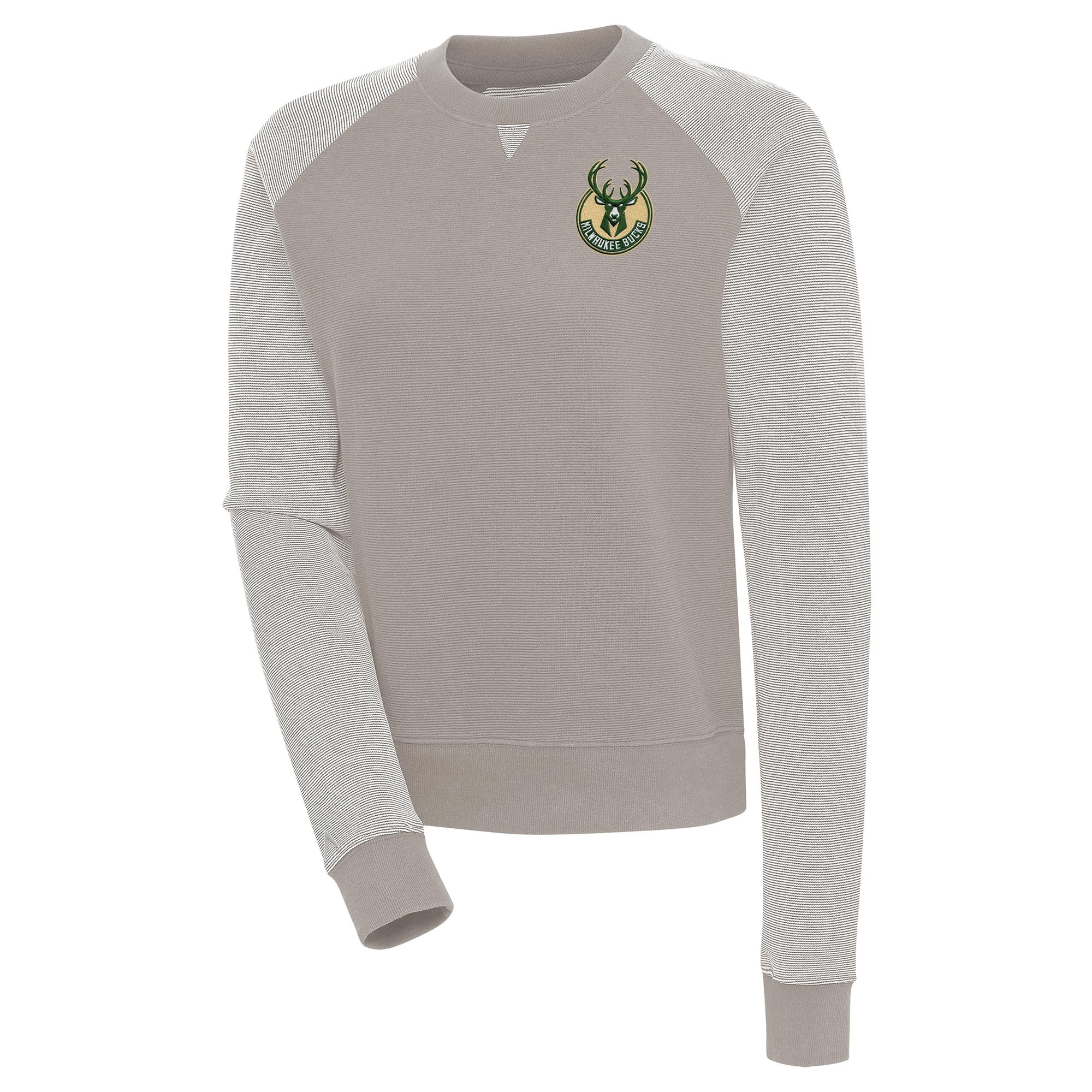 Women's Antigua Oatmeal Milwaukee Bucks Flier Bunker Tri-Blend Pullover Sweatshirt