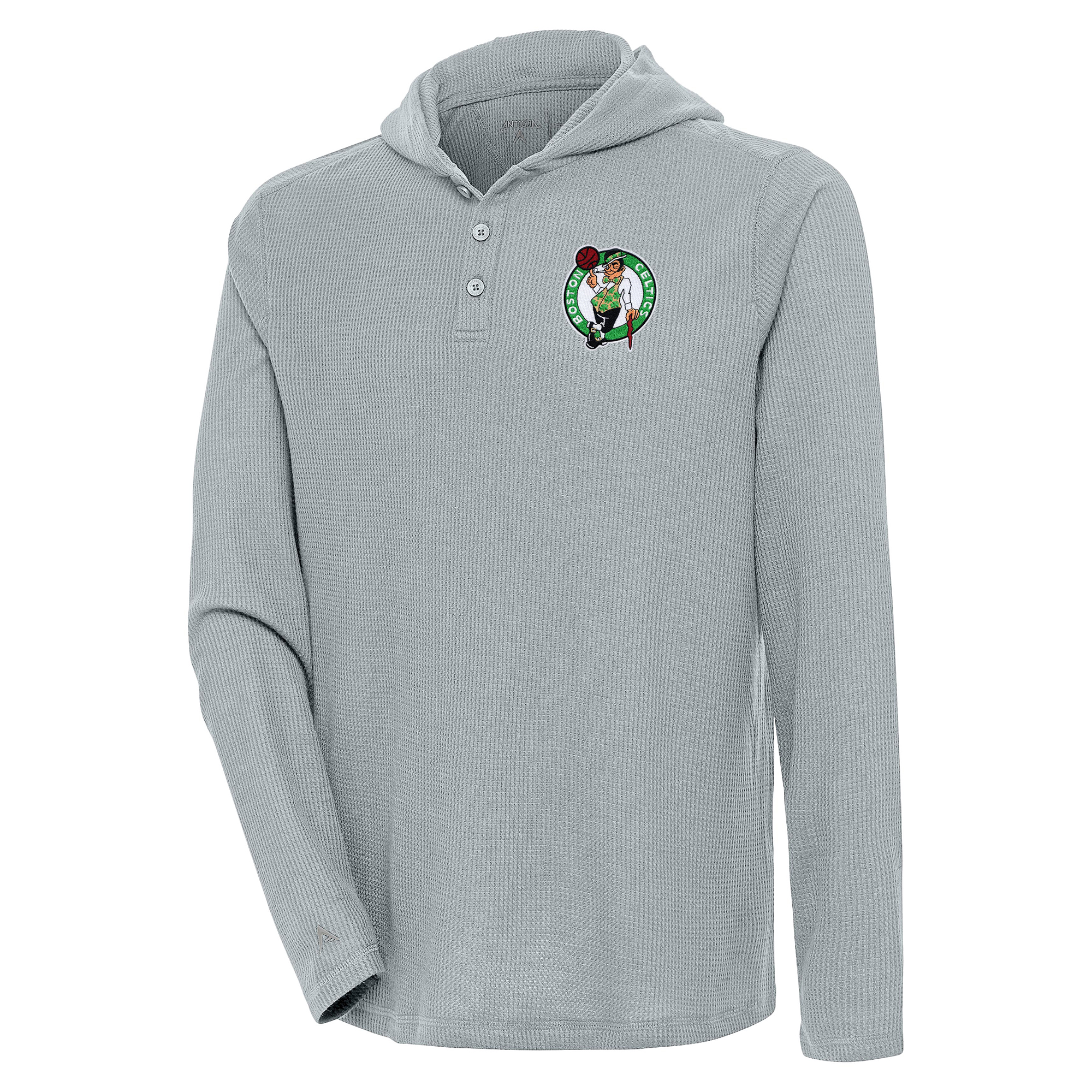 Men's Antigua Gray Boston Celtics Strong Hold Long Sleeve Henley Hoodie T-Shirt