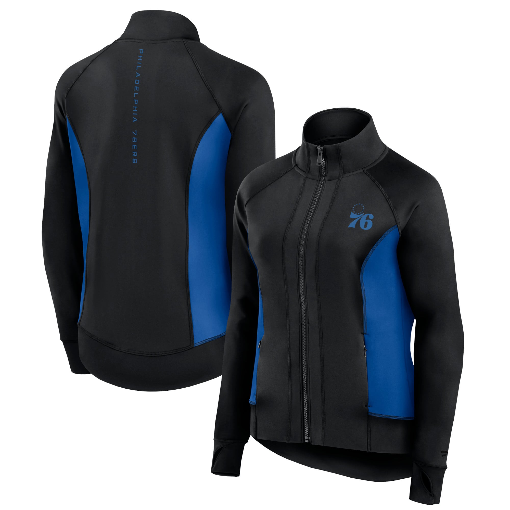 Women's Fanatics Black Philadelphia 76ers Studio Fitted Full-Zip Gym Track Jacket: retailer-supplied image