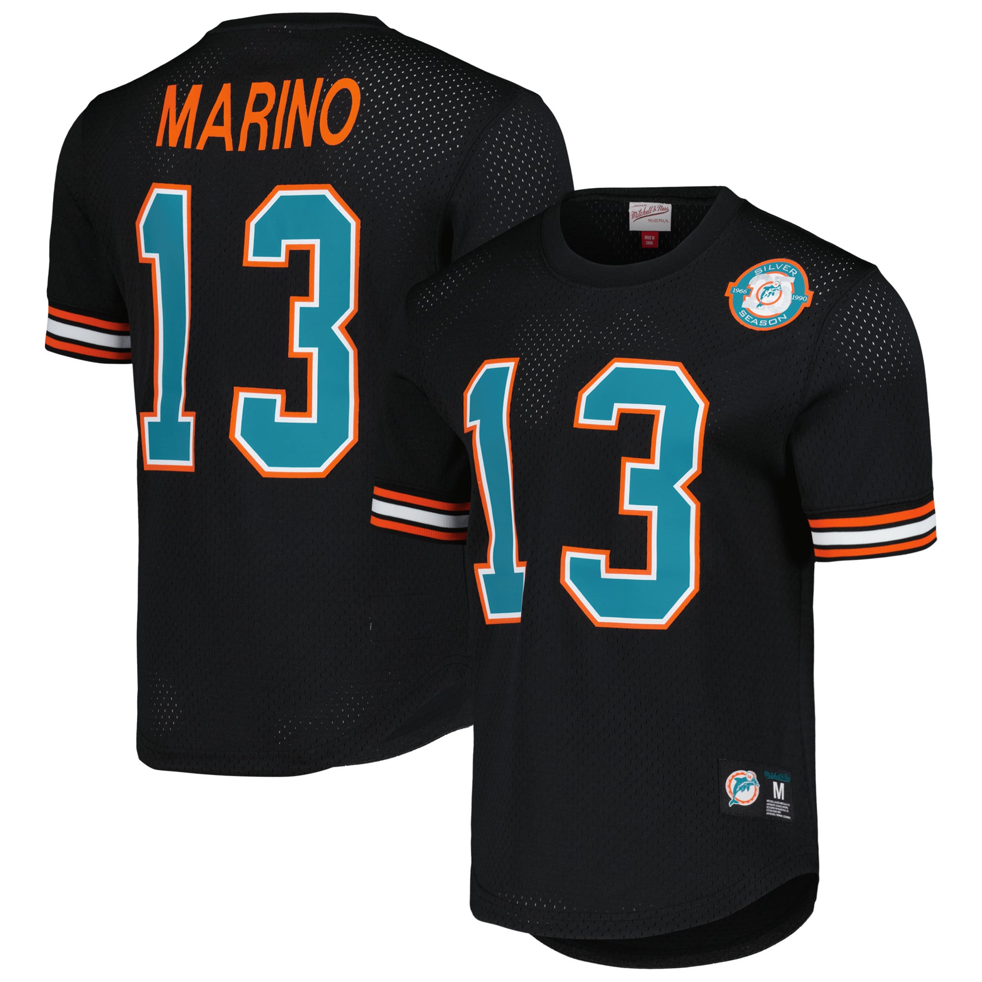 T-shirt en maille Mitchell & Ness pour homme, noir, avec le nom et le numéro du joueur retraité Dan Marino des Miami Dolphins.