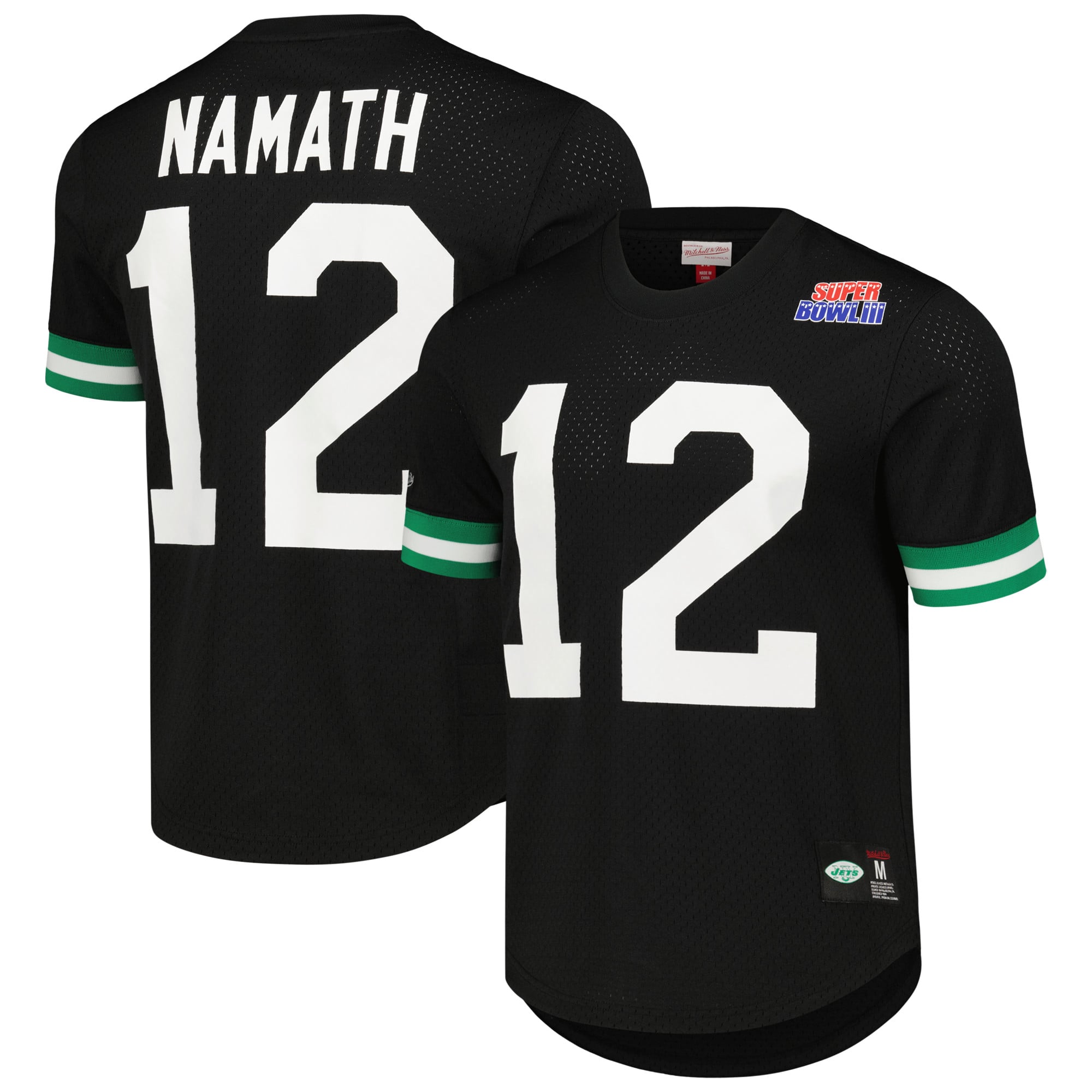 Camiseta de malla Mitchell & Ness Joe Namath para hombre, color negro, con nombre y número de jugador retirado de los New York Jets