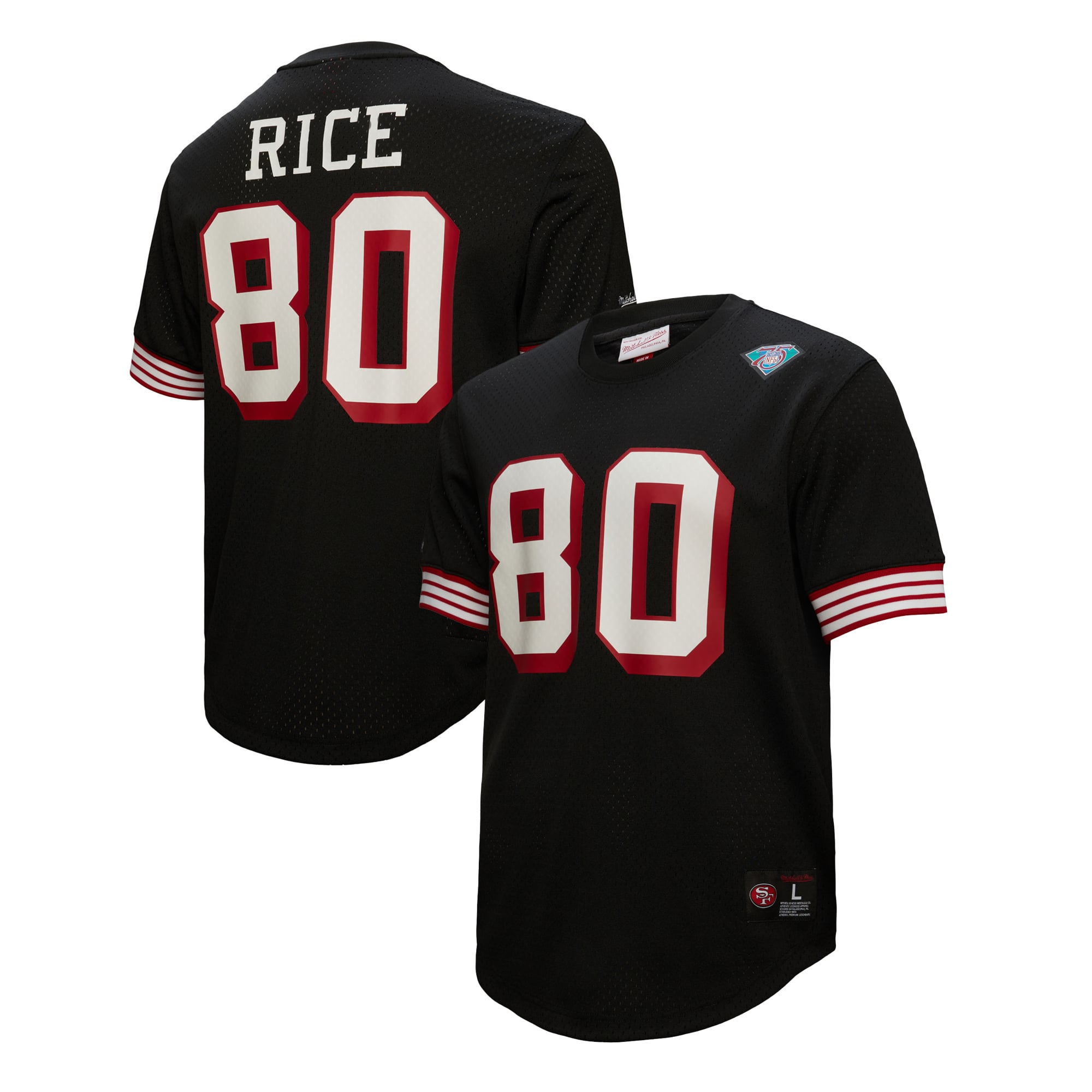 T-shirt en maille Mitchell & Ness pour homme, noir, à l'effigie de Jerry Rice, joueur retraité des 49ers de San Francisco.