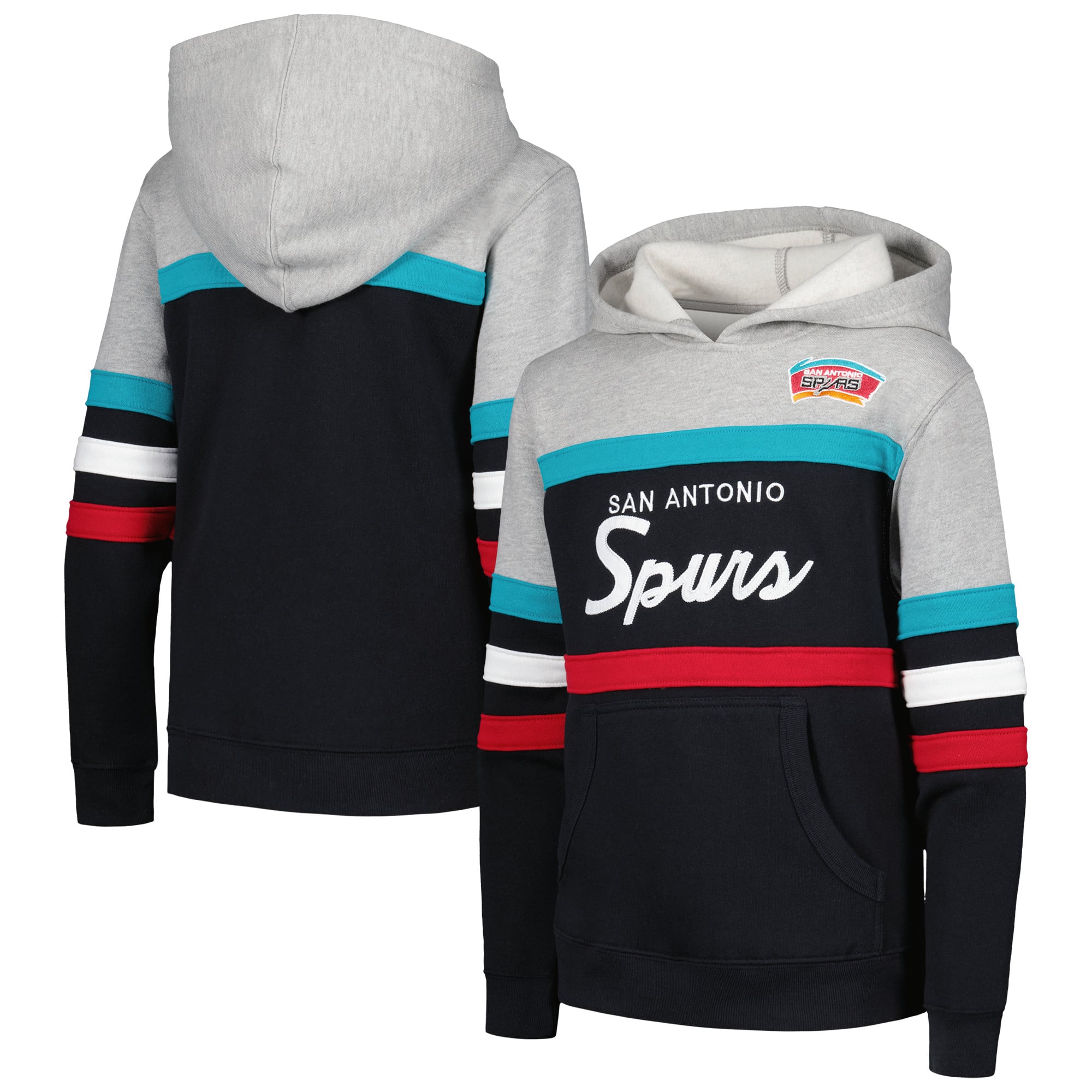 Youth Mitchell & Ness Black/Heather Gray San Antonio Spurs Hardwood Classics Head Coach Pullover Hoodie