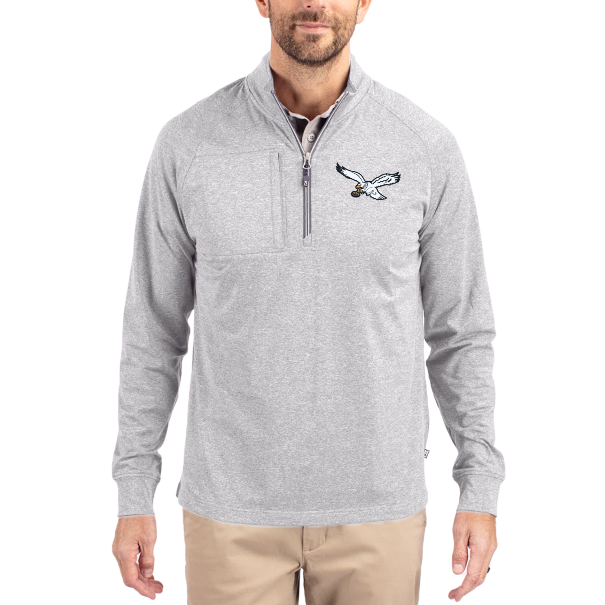 Men's Cutter & Buck Heather Gray Philadelphia Eagles Adapt Eco Knit Heathered Recycled Quarter-Zip Pullover