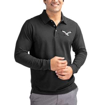 Men's Cutter & Buck Black Philadelphia Eagles Advantage Tri-Blend Pique Long Sleeve Polo