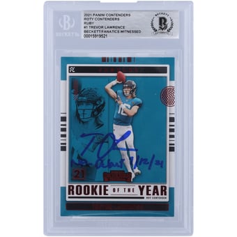 Trevor Lawrence Jacksonville Jaguars Autographed 2021 Panini Contenders ROY Contenders Ruby #ROY-TLR Beckett Fanatics Witnessed Authenticated Rookie Card with "NFL Debut 9/12/21" Inscription