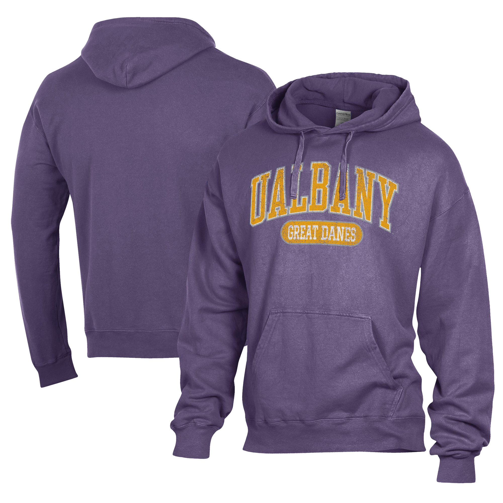 Men's Comfort Wash  Purple UAlbany Great Danes Lightweight Fleece Pullover Hoodie