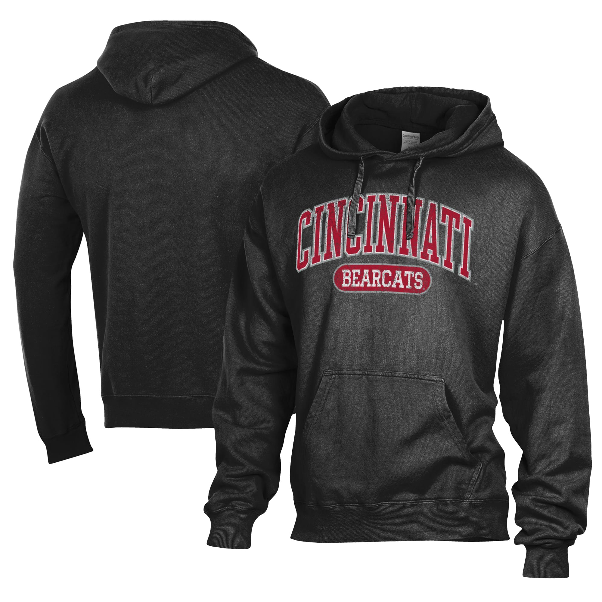 Men's Comfort Wash  Black Cincinnati Bearcats Lightweight Fleece Pullover Hoodie
