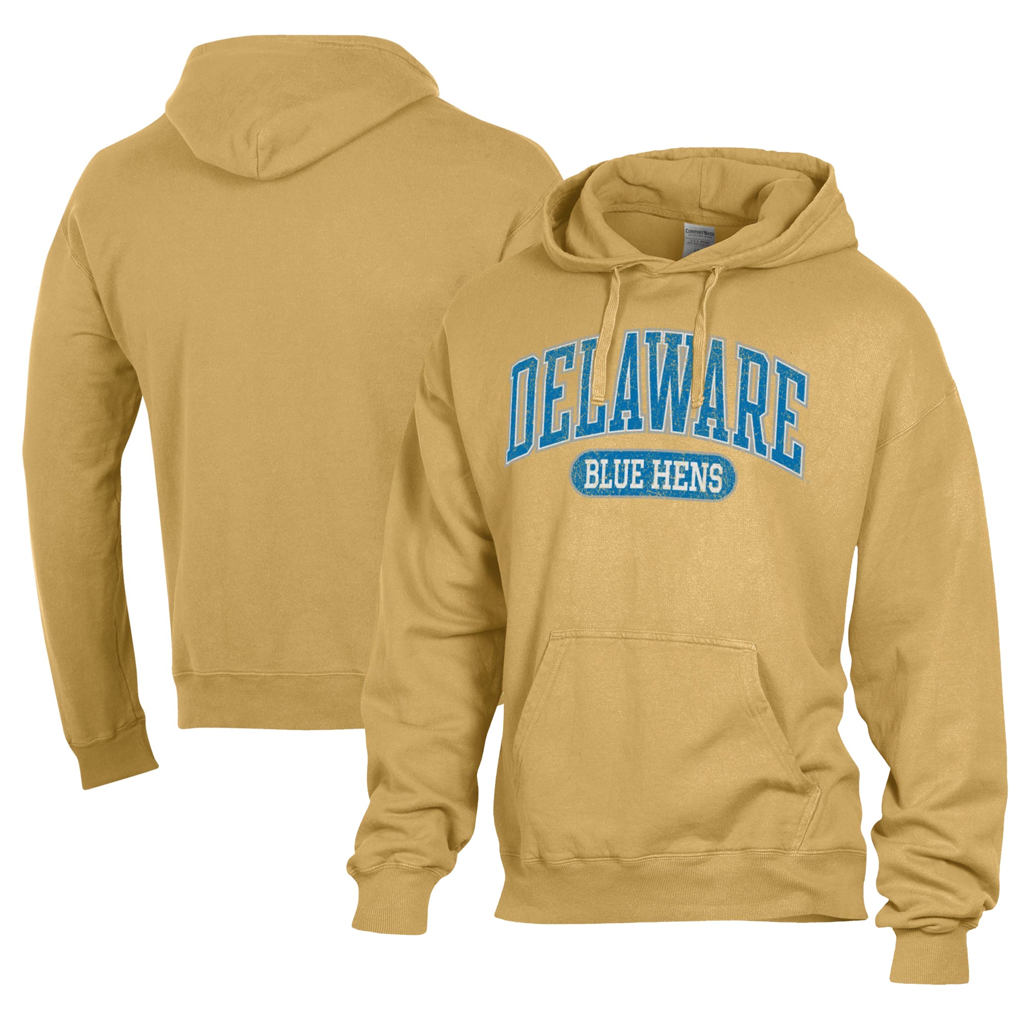Men's Comfort Wash  Gold Delaware Fightin' Blue Hens Lightweight Fleece Pullover Hoodie