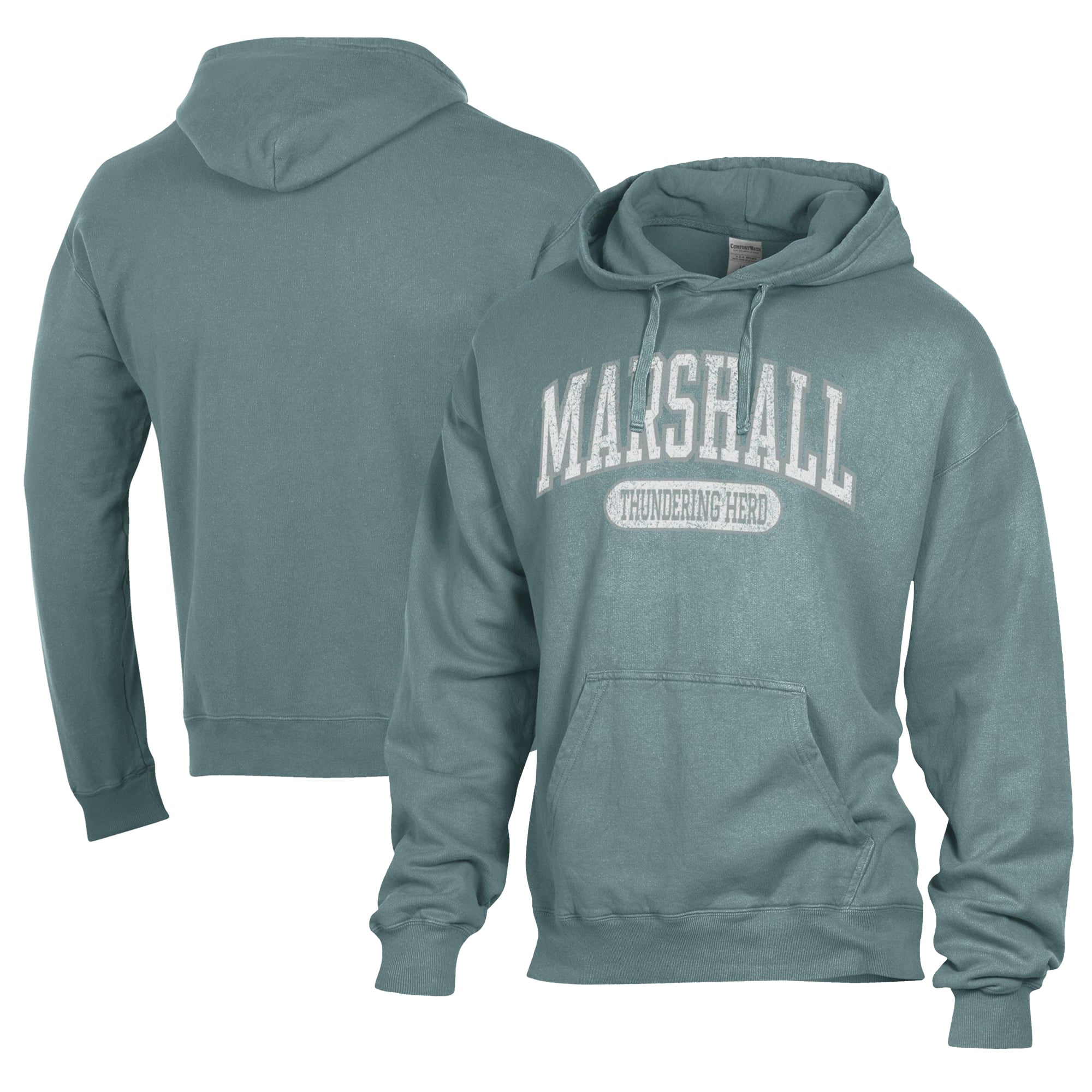 Men's Comfort Wash  Green Marshall Thundering Herd Lightweight Fleece Pullover Hoodie