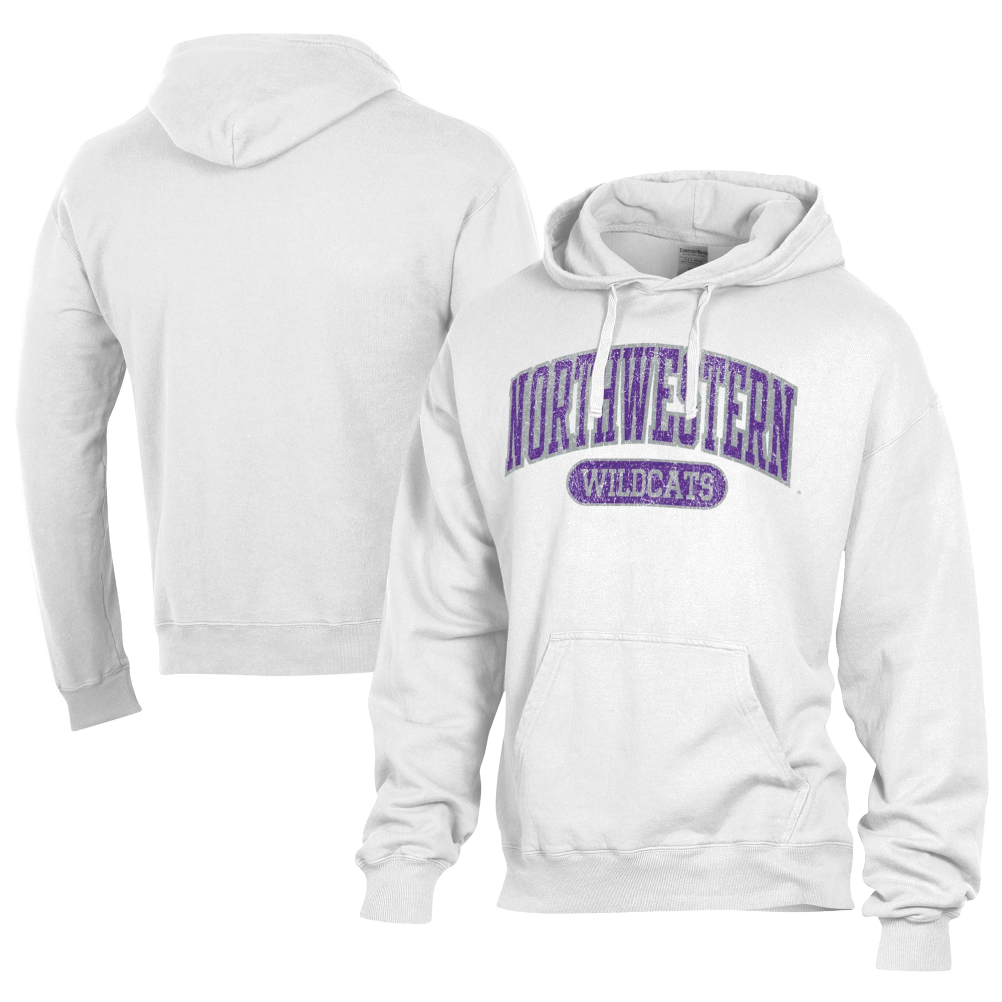 Men's Comfort Wash  White Northwestern Wildcats Lightweight Fleece Pullover Hoodie