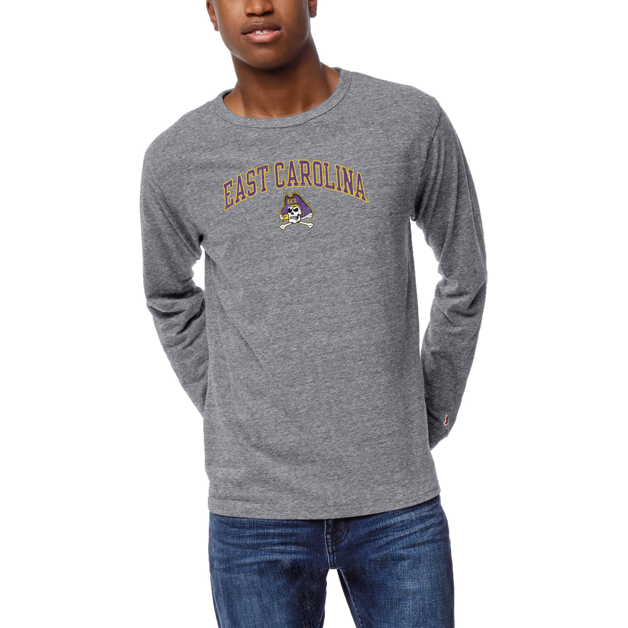 Men's League Collegiate Wear  Heather Gray ECU Pirates  Victory Falls Tri-Blend Long Sleeve T-Shirt