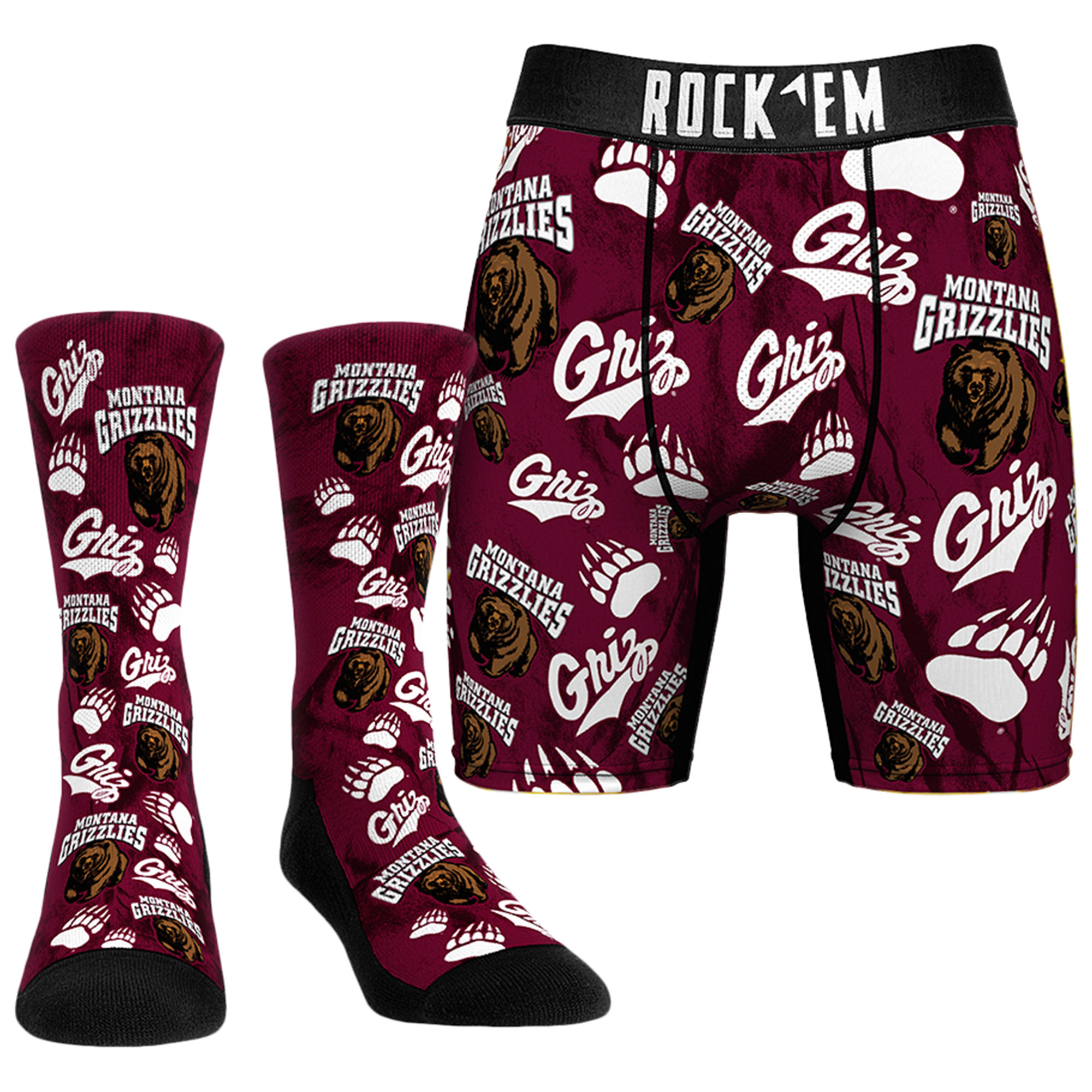 Men's Rock Em Socks  Montana Grizzlies All-Over Underwear and Crew Socks Combo Pack