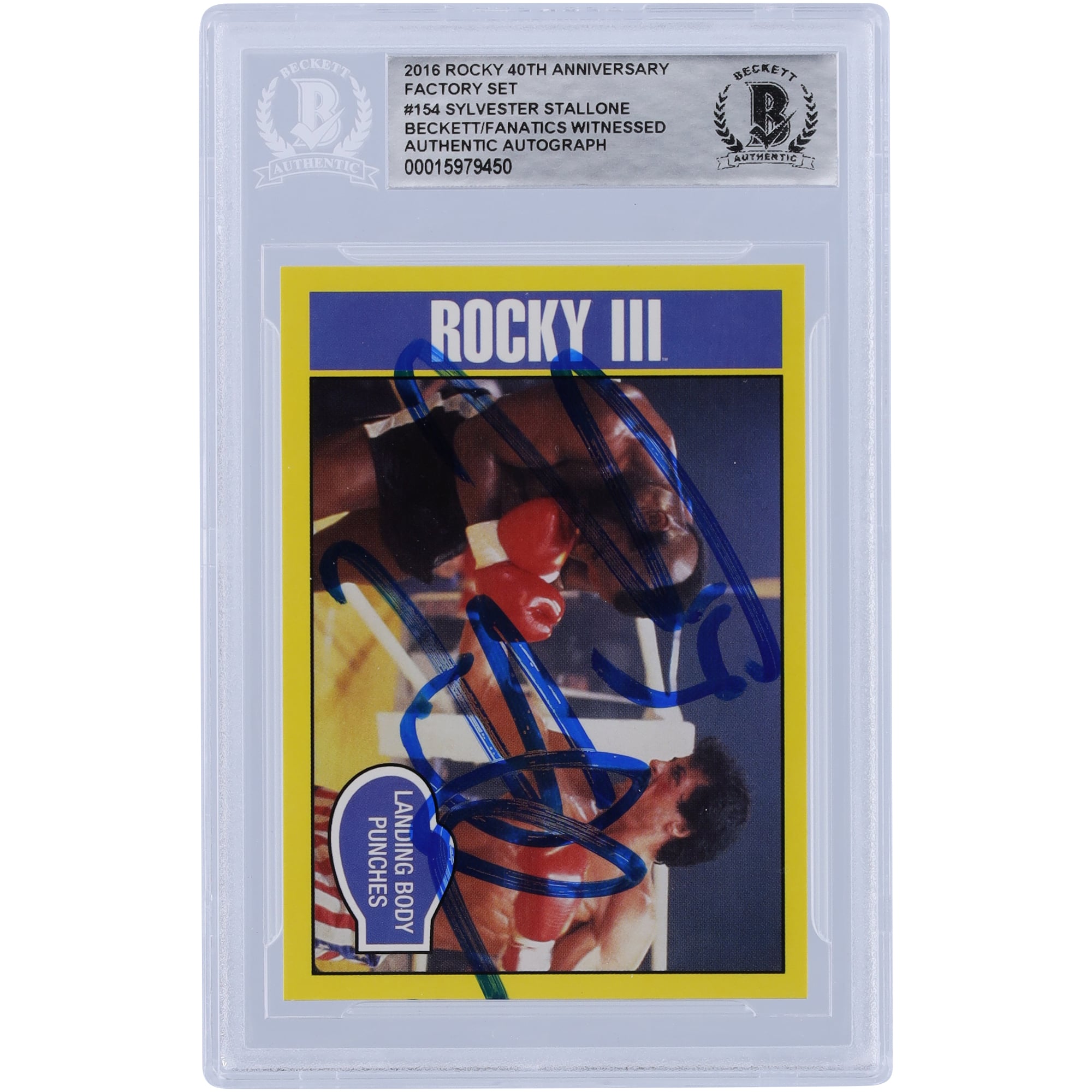 Sylvester Stallone Rocky III Autographed 2016 Topps Rocky 40th Anniversary Factory Set #154 Beckett Fanatics Witnessed Authenticated Card
