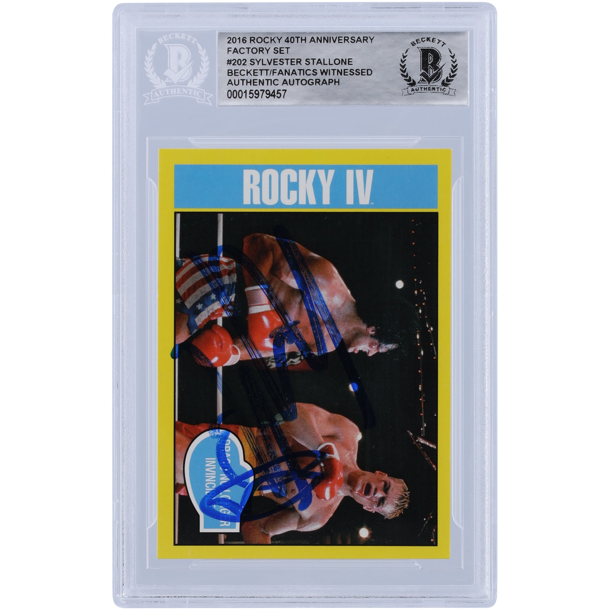 Sylvester Stallone Rocky IV Autographed 2016 Topps Rocky 40th Anniversary Factory Set #202 Beckett Fanatics Witnessed Authenticated Card