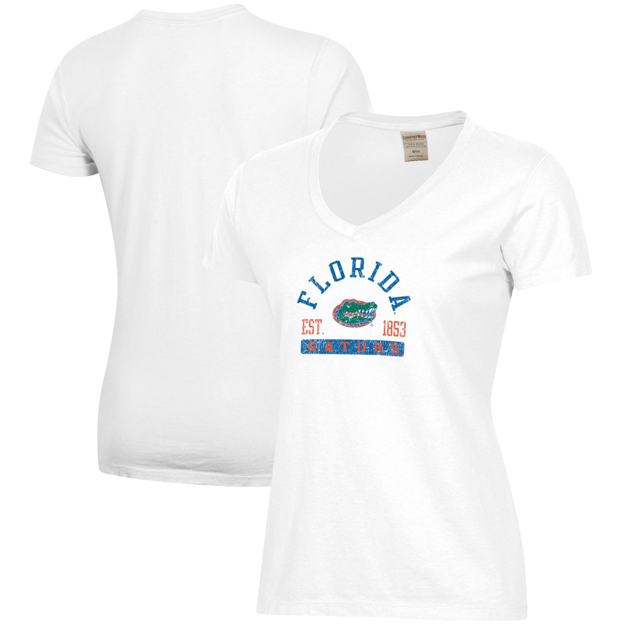 Women's White Florida Gators Arch Logo Comfort Wash V-Neck T-Shirt