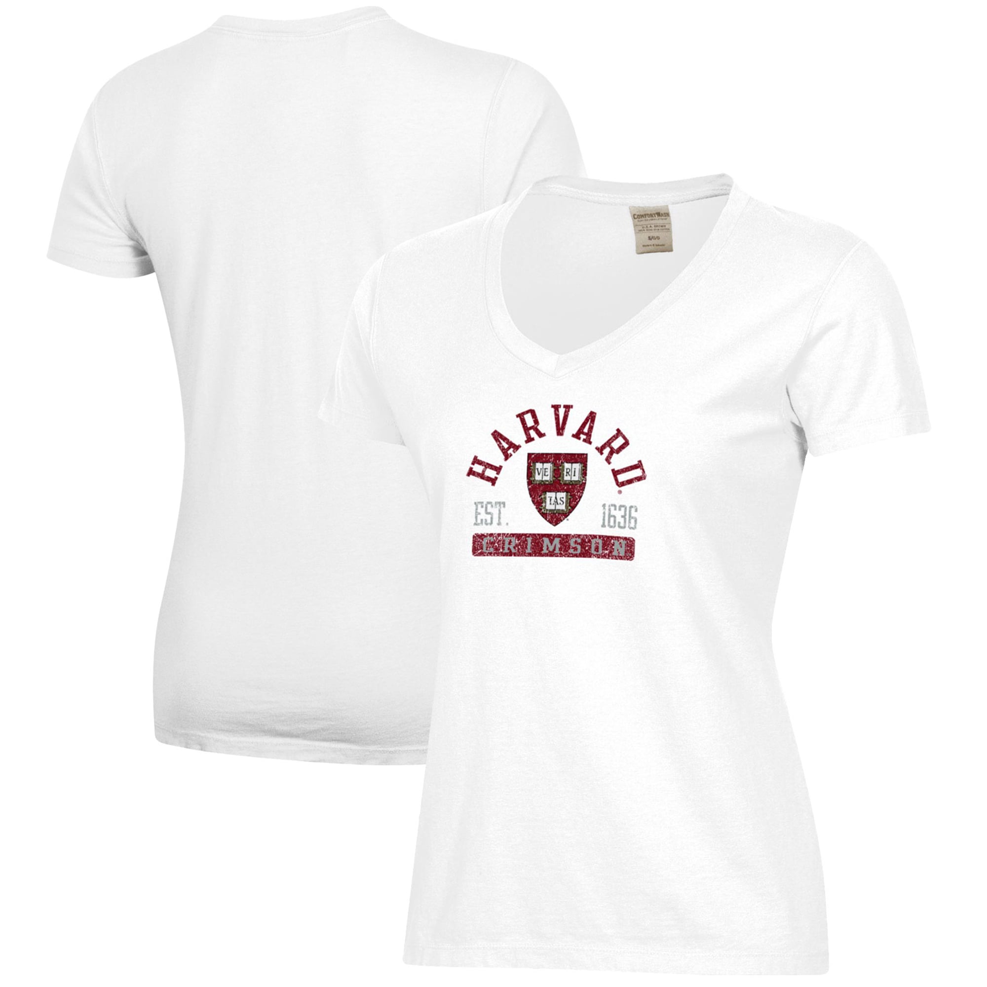 Women's White Harvard Crimson Arch Logo Comfort Wash V-Neck T-Shirt