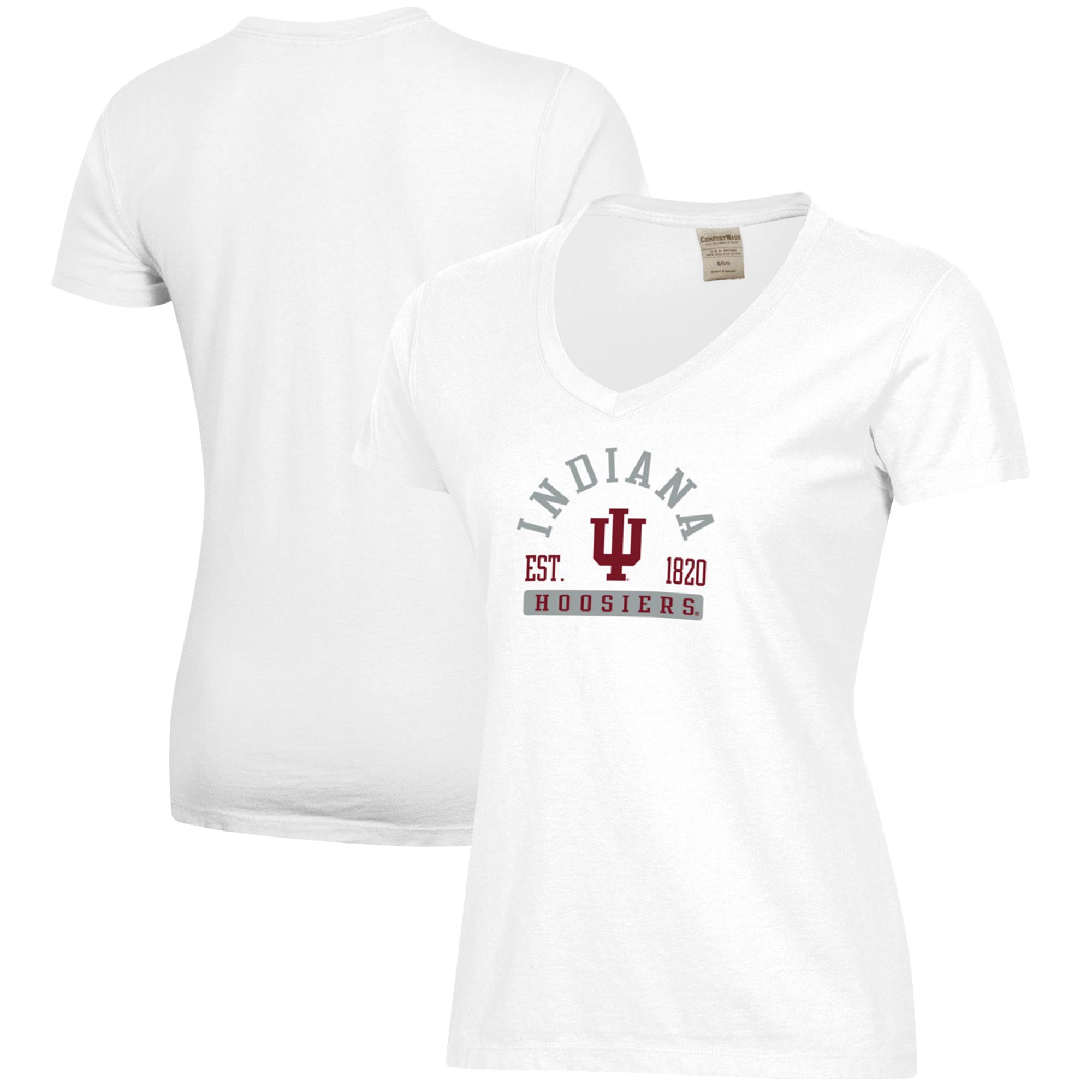 Women's White Indiana Hoosiers Arch Logo Comfort Wash V-Neck T-Shirt