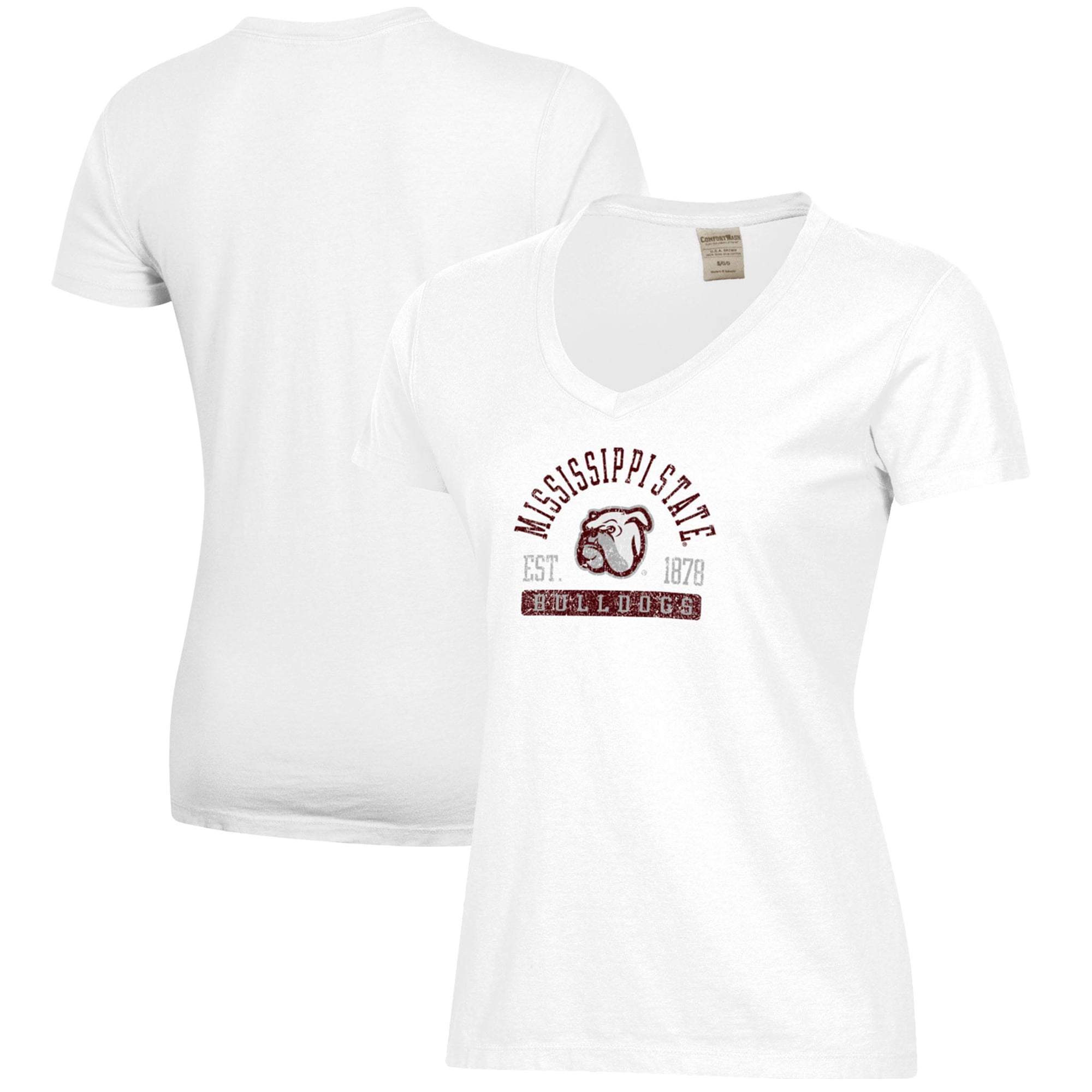 Women's  White Mississippi State Bulldogs Arch Logo Comfort Wash V-Neck T-Shirt