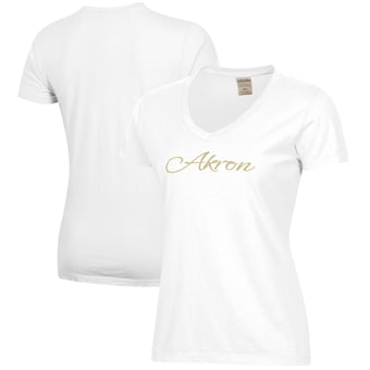 Women's White Akron Zips Script Logo Comfort Wash V-Neck T-Shirt