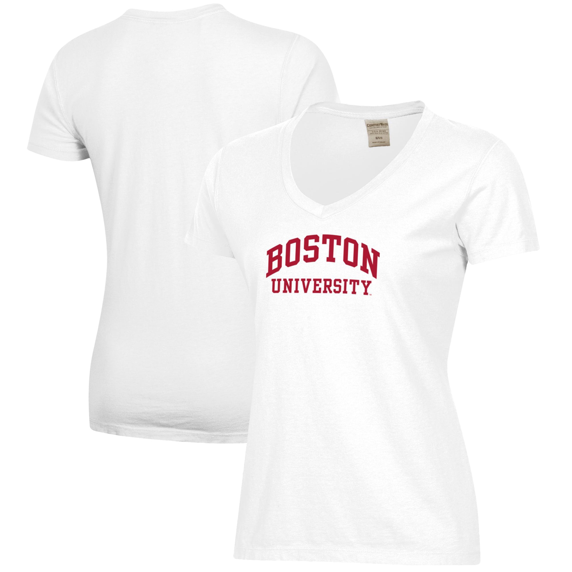 Women's White Boston University Script Logo Comfort Wash V-Neck T-Shirt